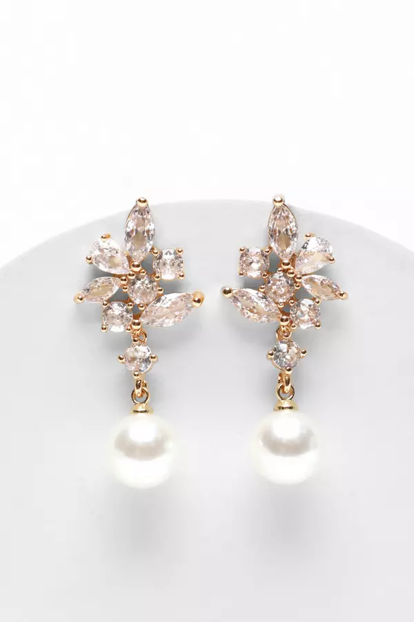 Bridal Gold Pearl Drop Diamante Earrings