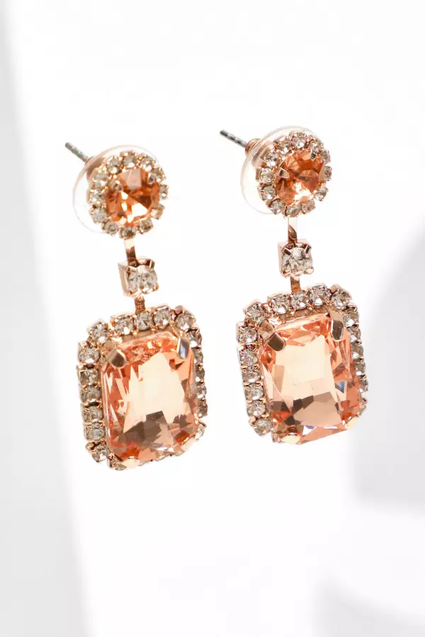 Rose Gold Diamante Square Drop Earrings