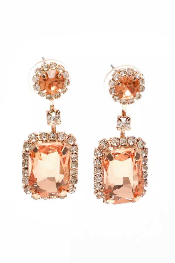 Rose Gold Diamante Square Drop Earrings