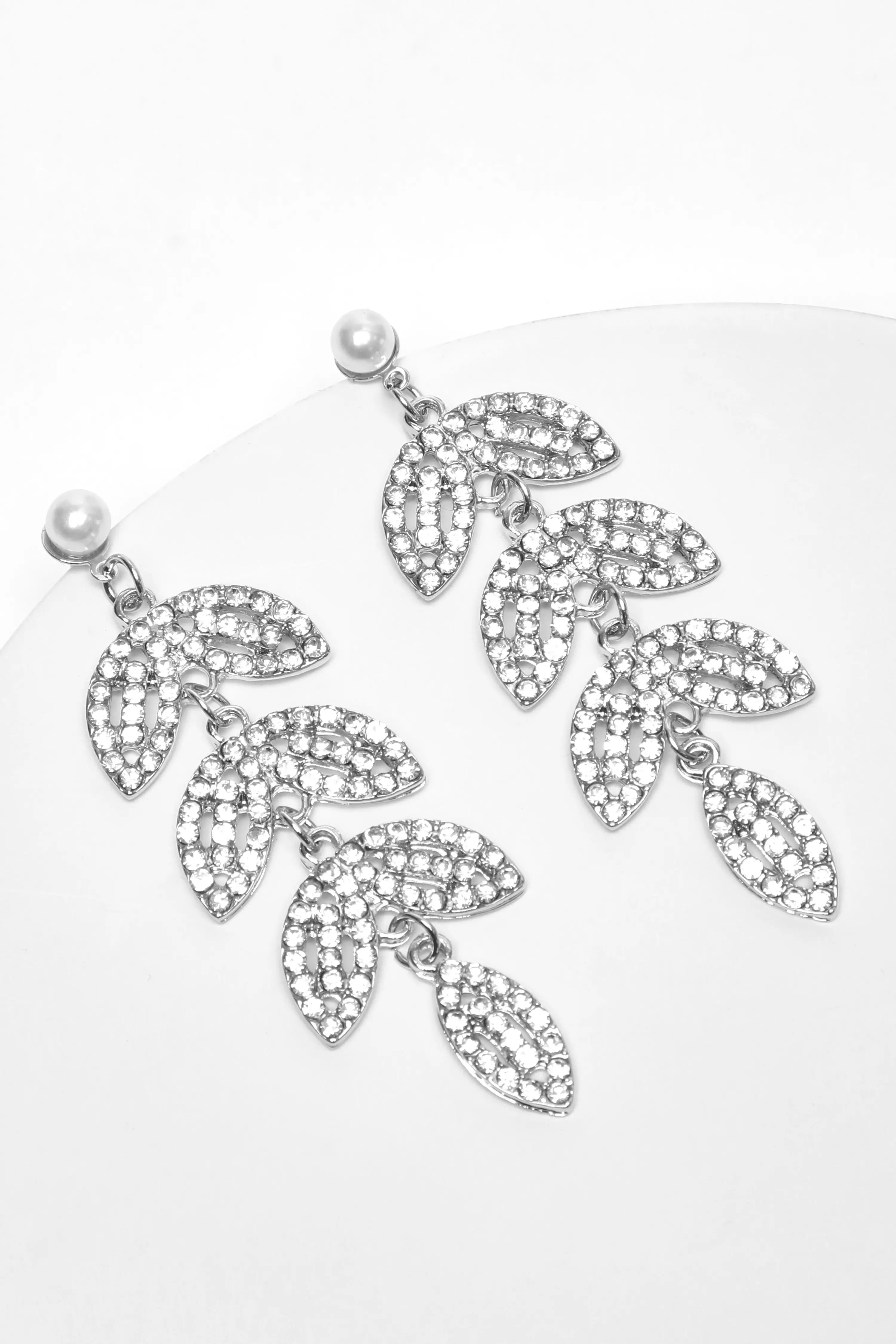 Bridal Silver Diamante Large Leaf Earrings