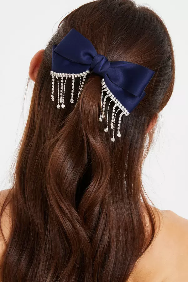 Navy Diamante Bow Hair Clip