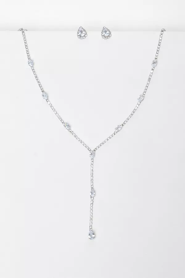 Silver Diamante Jewel Long Drop Jewellery Set