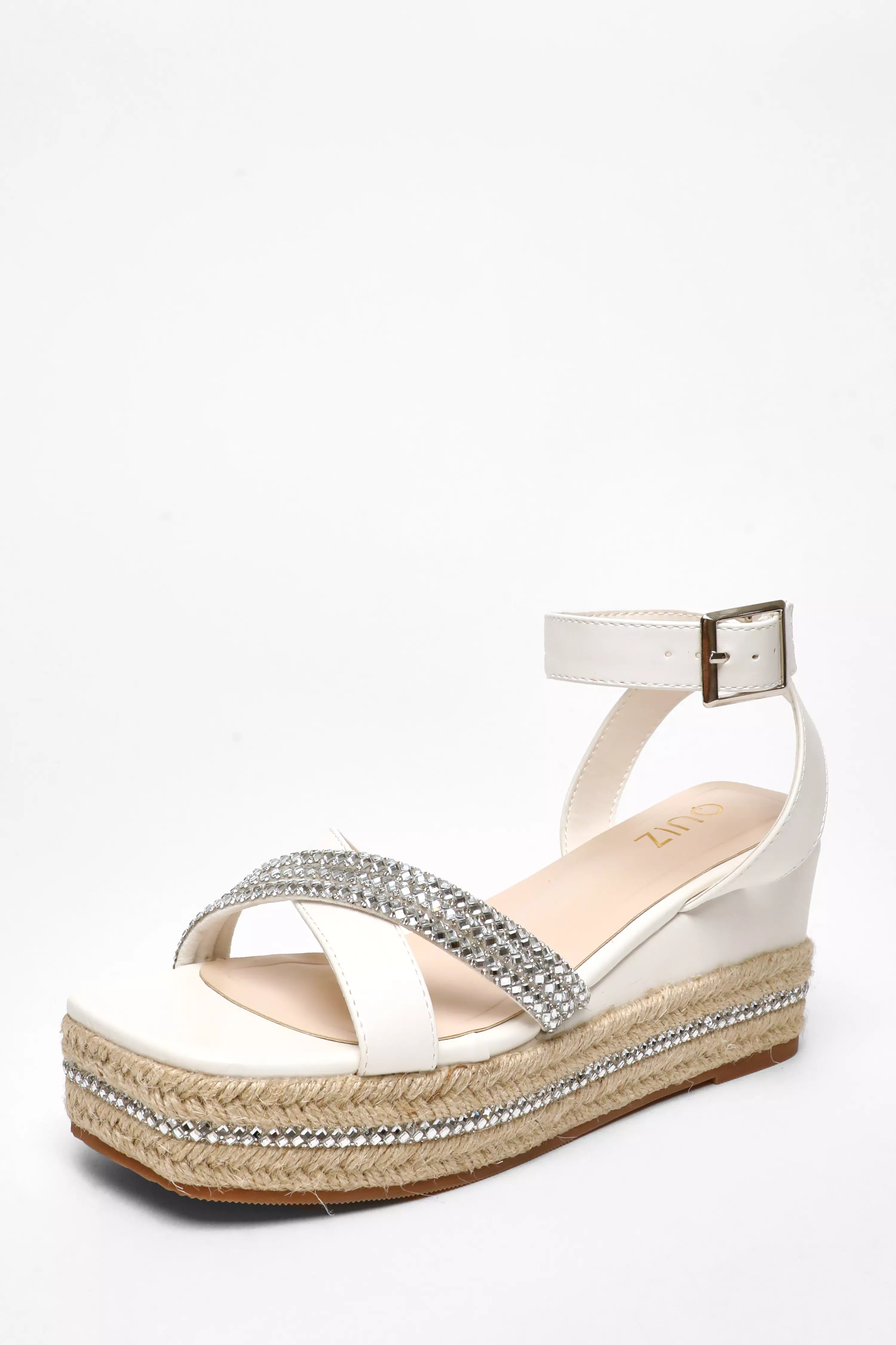 White Faux Leather Diamante Woven Wedges 