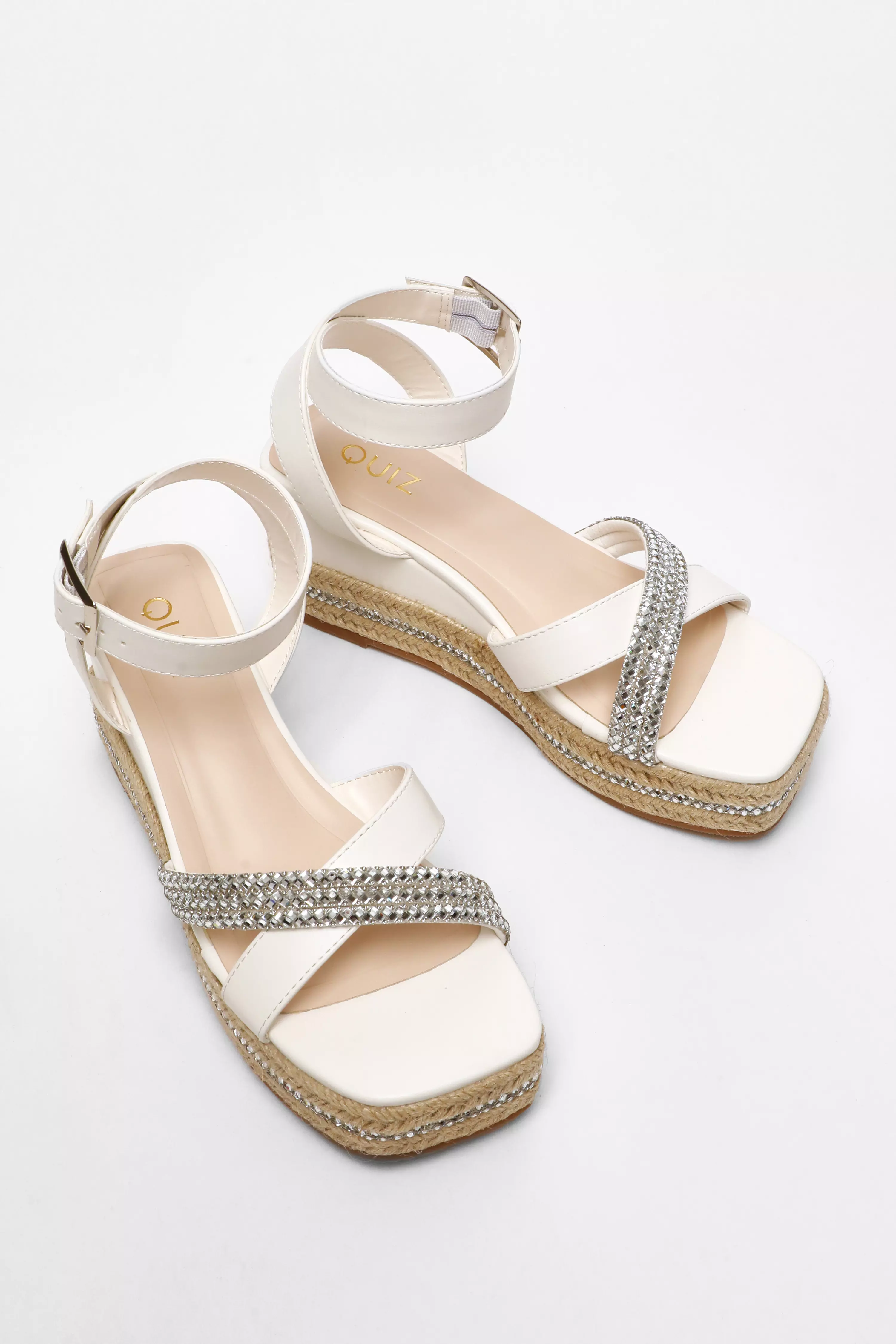 White Faux Leather Diamante Woven Wedges 