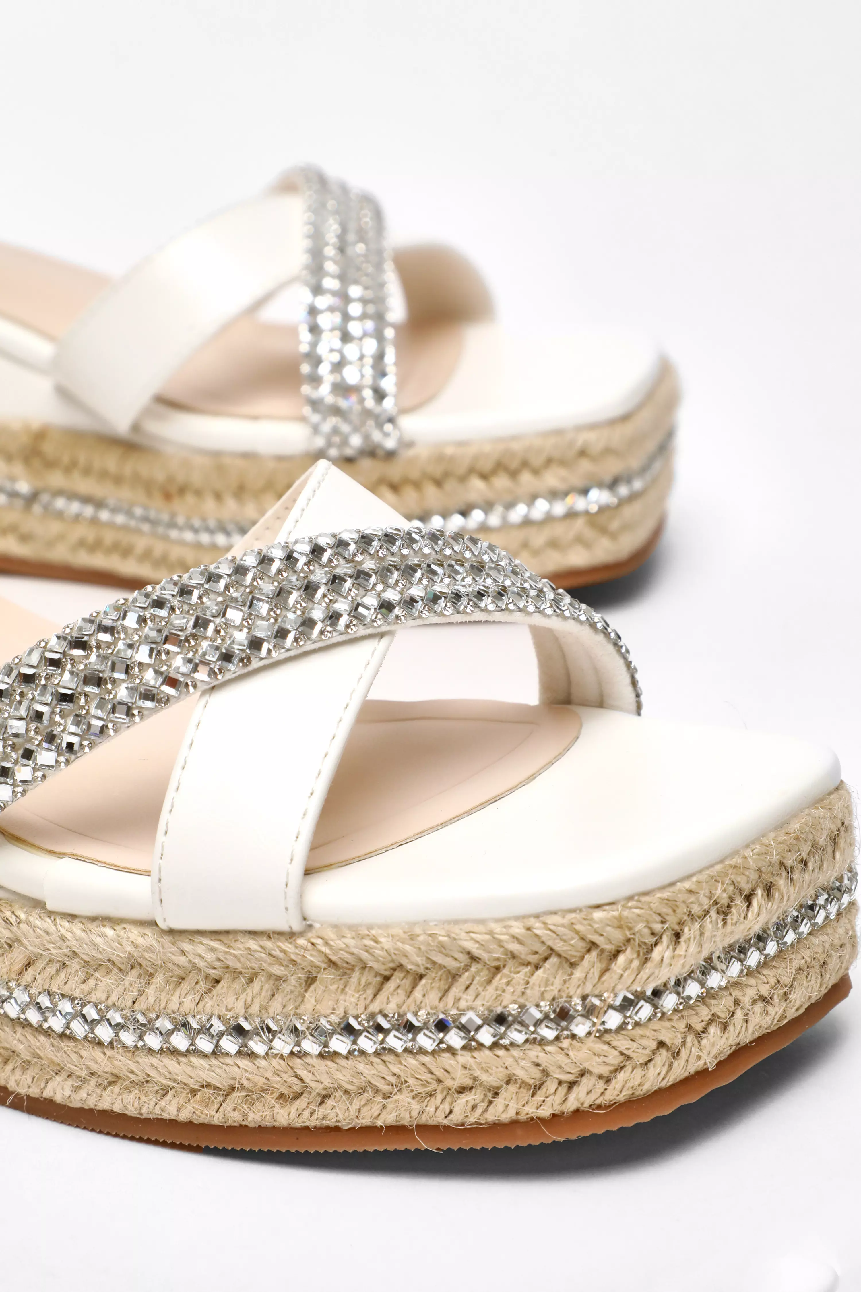 White Faux Leather Diamante Woven Wedges 