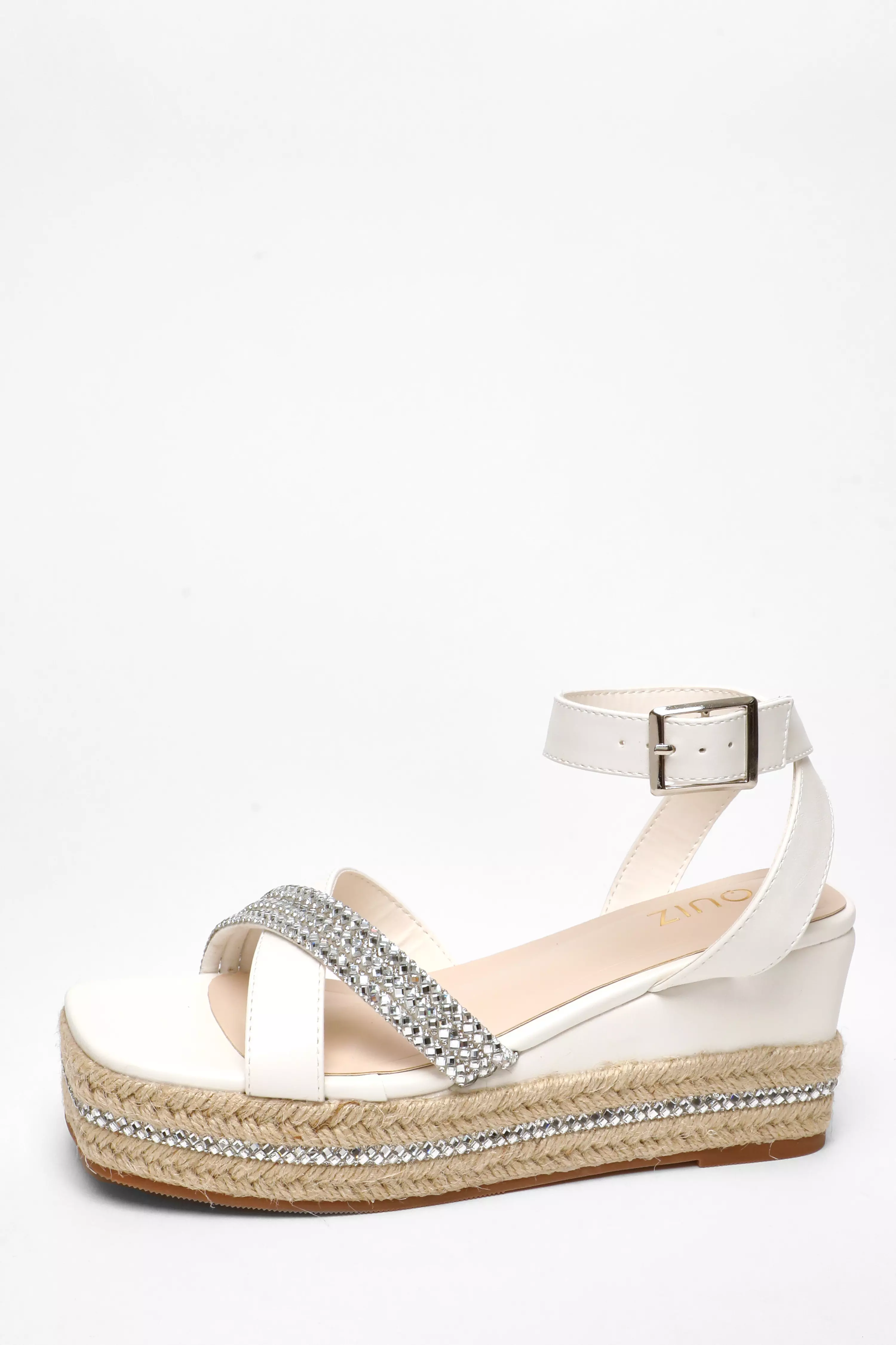 White Faux Leather Diamante Woven Wedges 