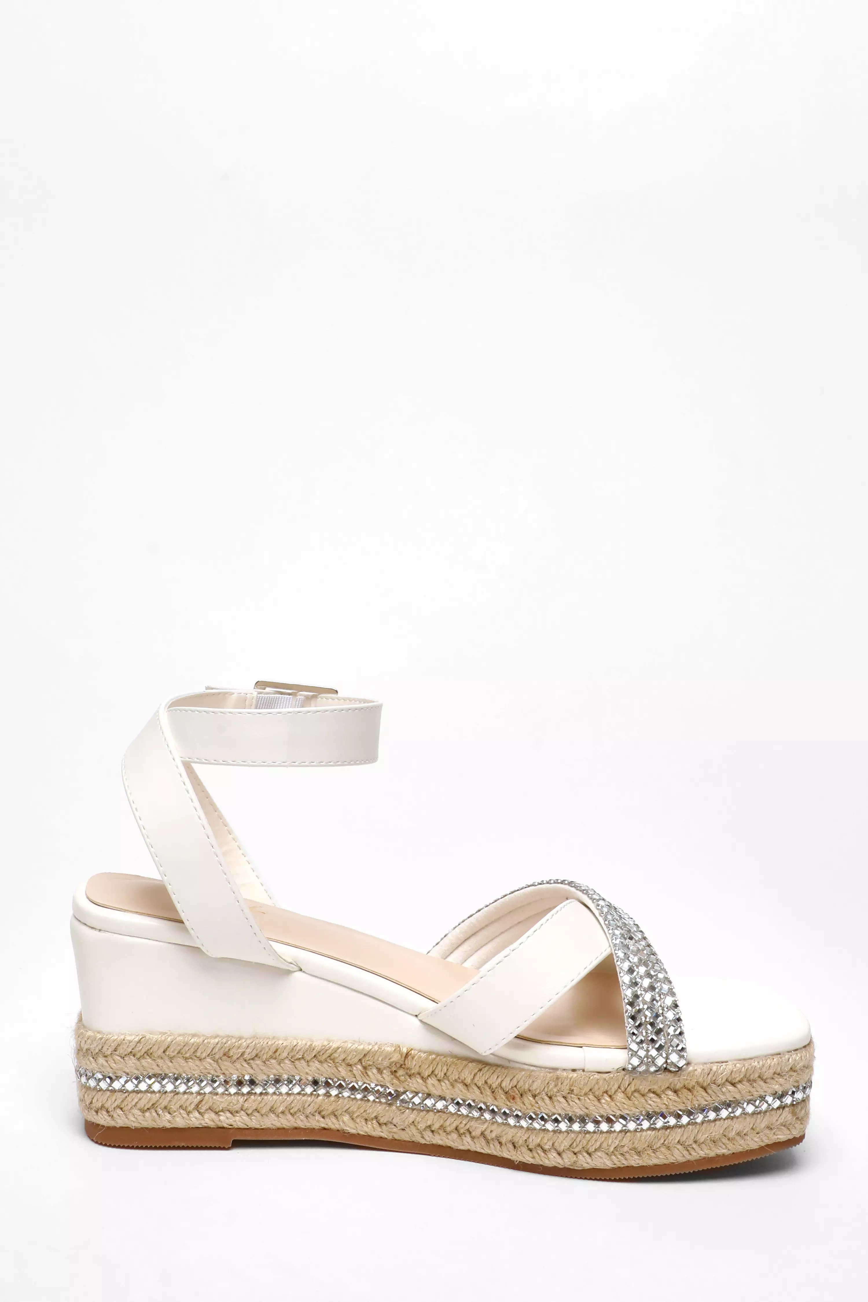 White Faux Leather Diamante Woven Wedges 