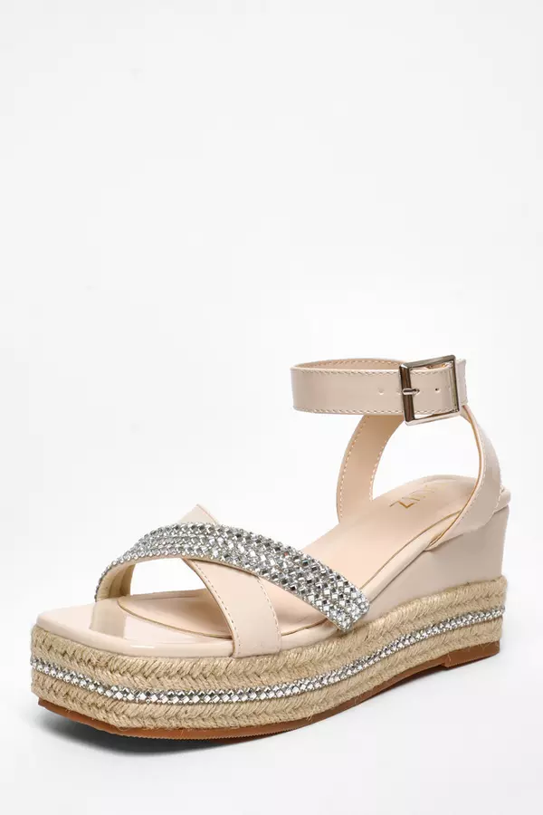 Nude Faux Leather Diamante Woven Wedges 