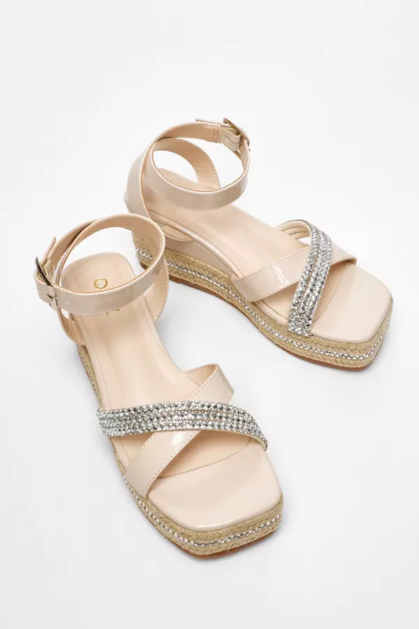 Nude Faux Leather Diamante Woven Wedges 