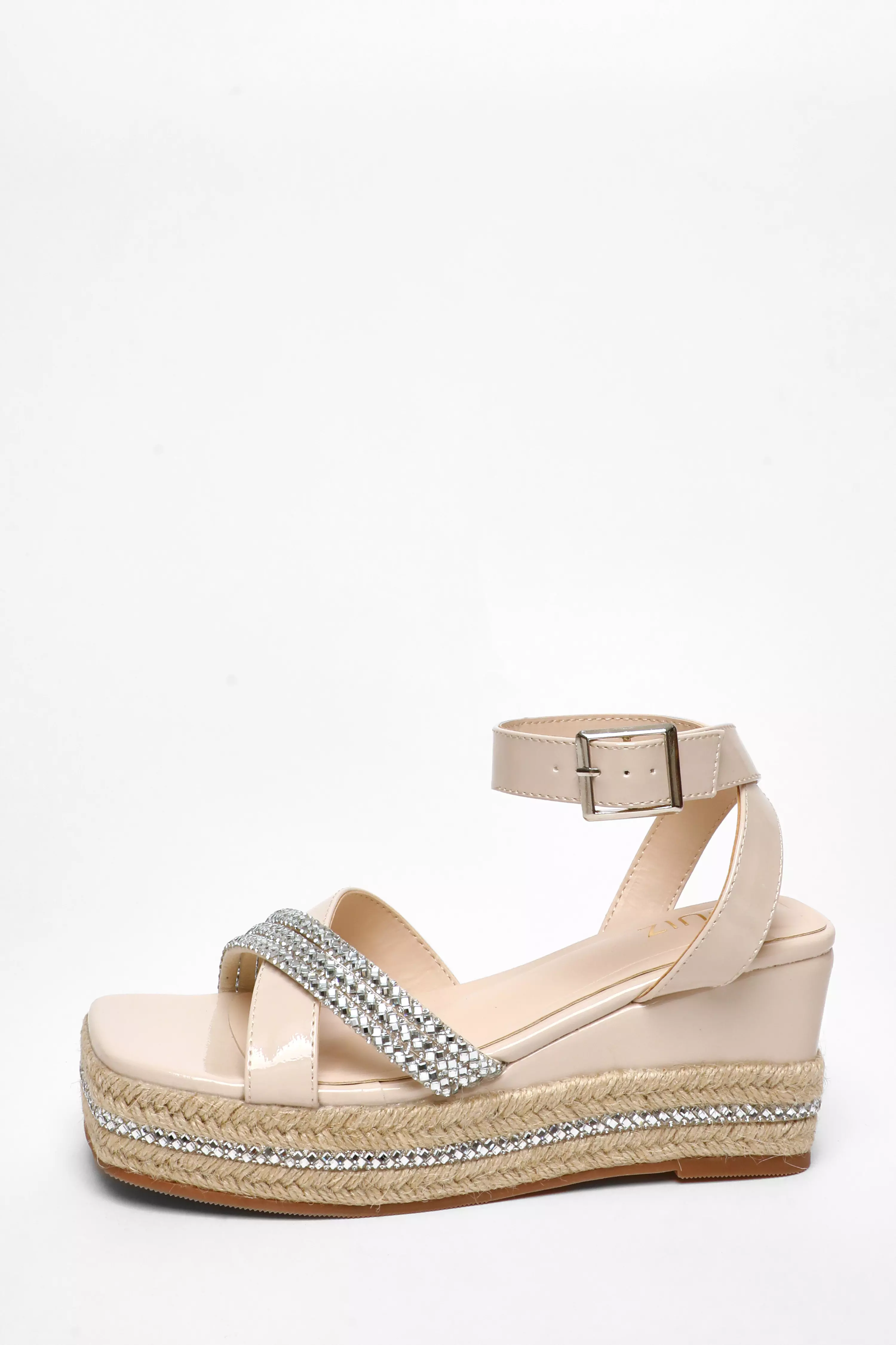 Nude Faux Leather Diamante Woven Wedges 