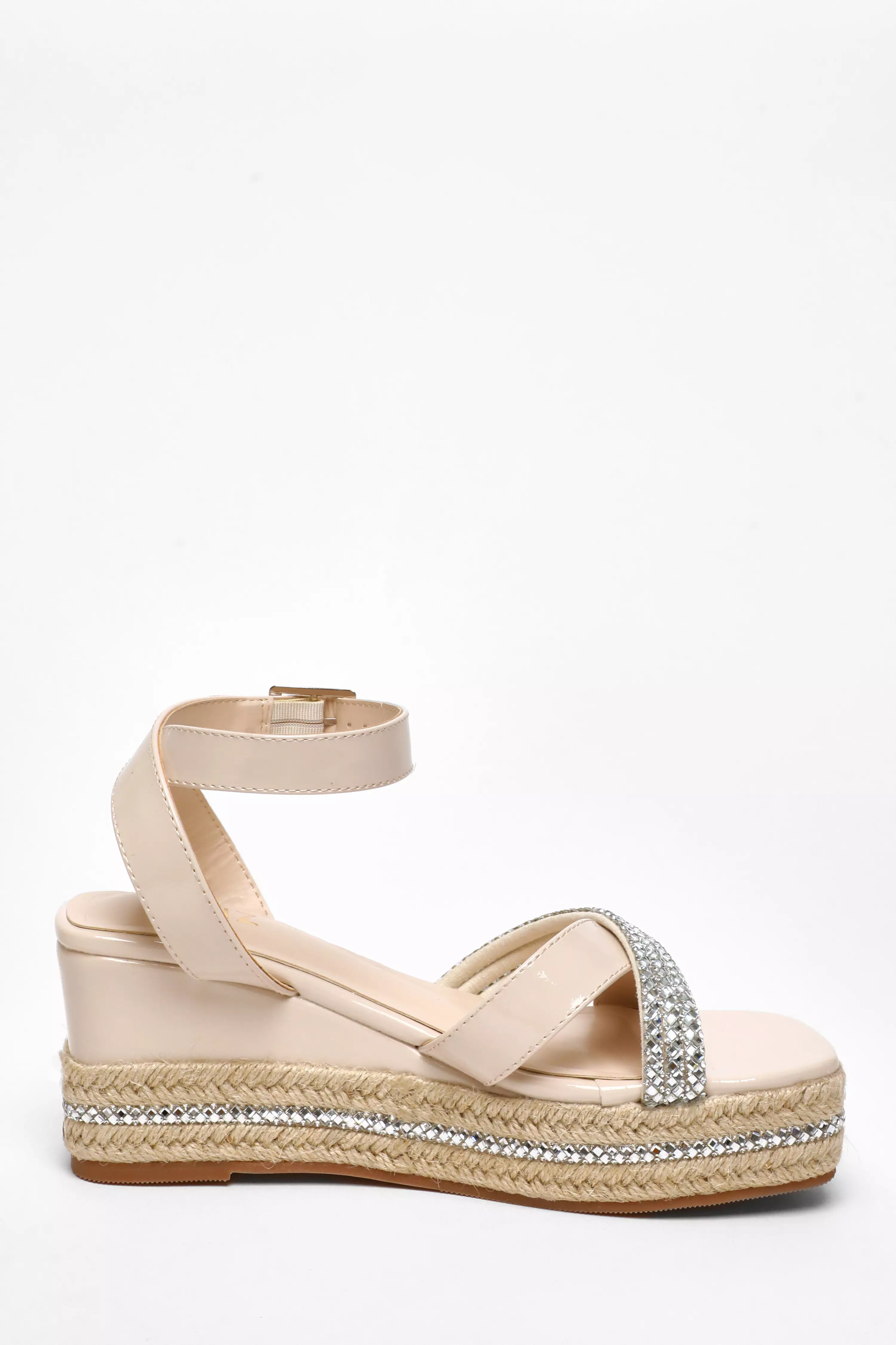 Nude Faux Leather Diamante Woven Wedges 