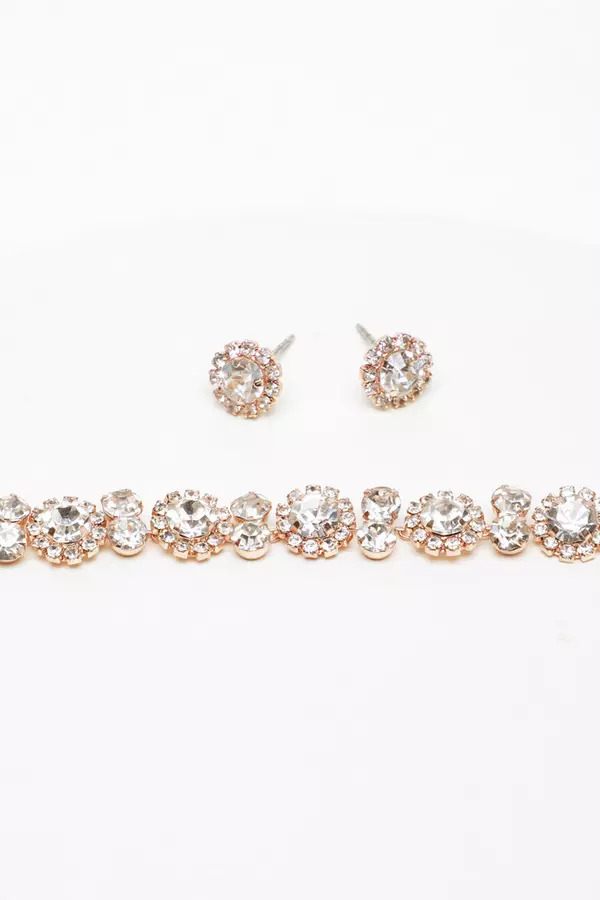 Rose Gold Circle Diamante Jewellery Set