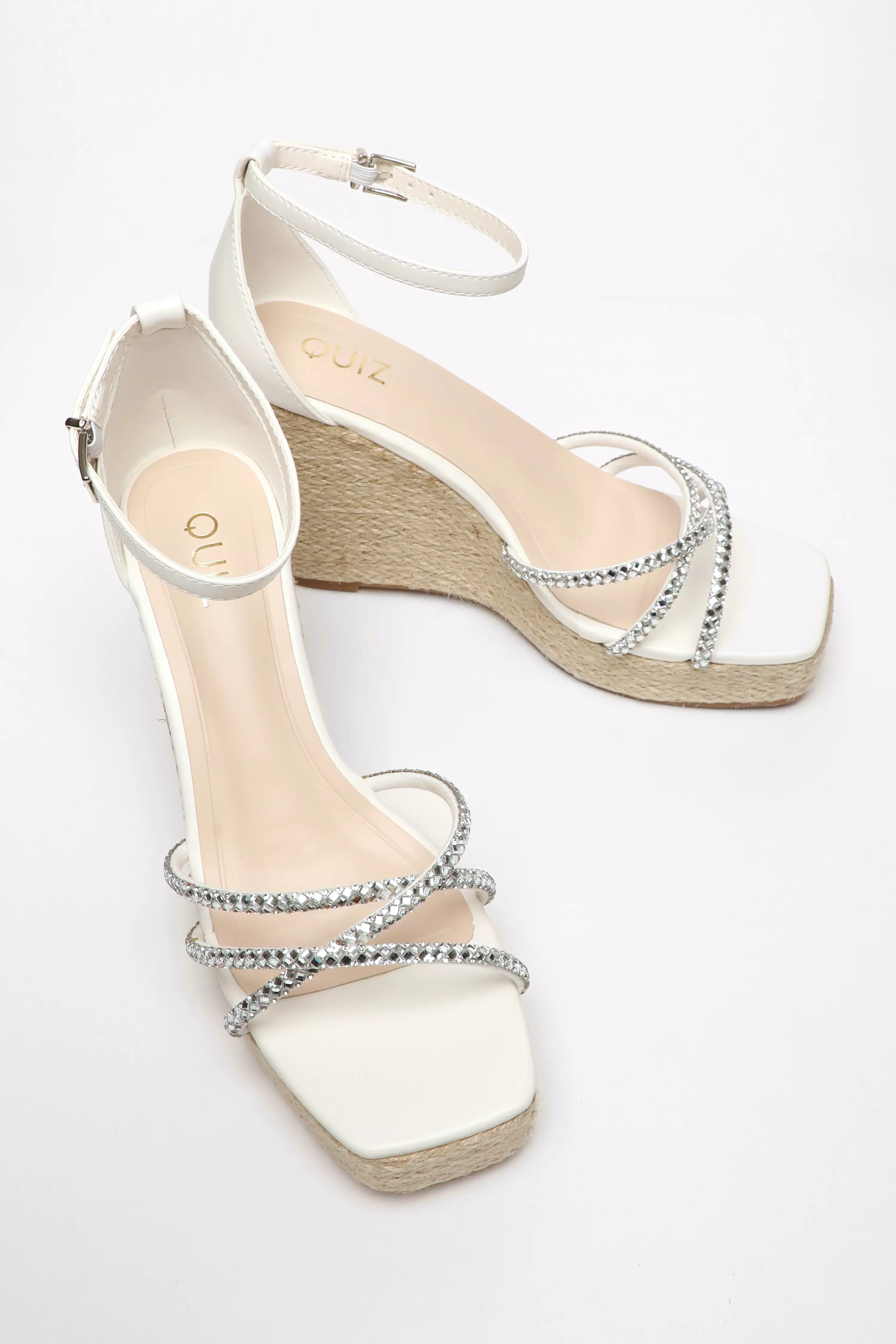 White Diamante Cross Strap Woven Wedges