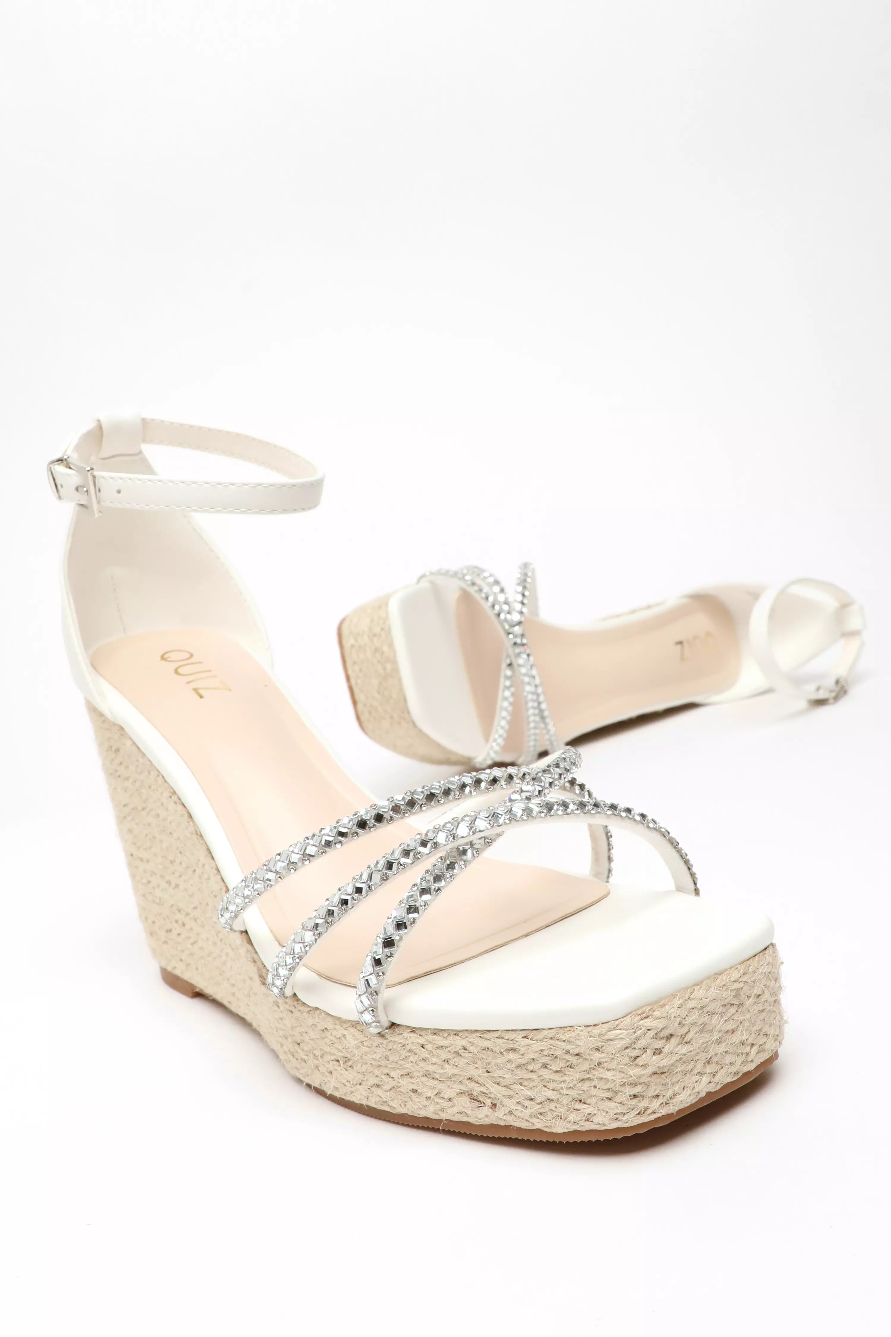 White Diamante Cross Strap Woven Wedges