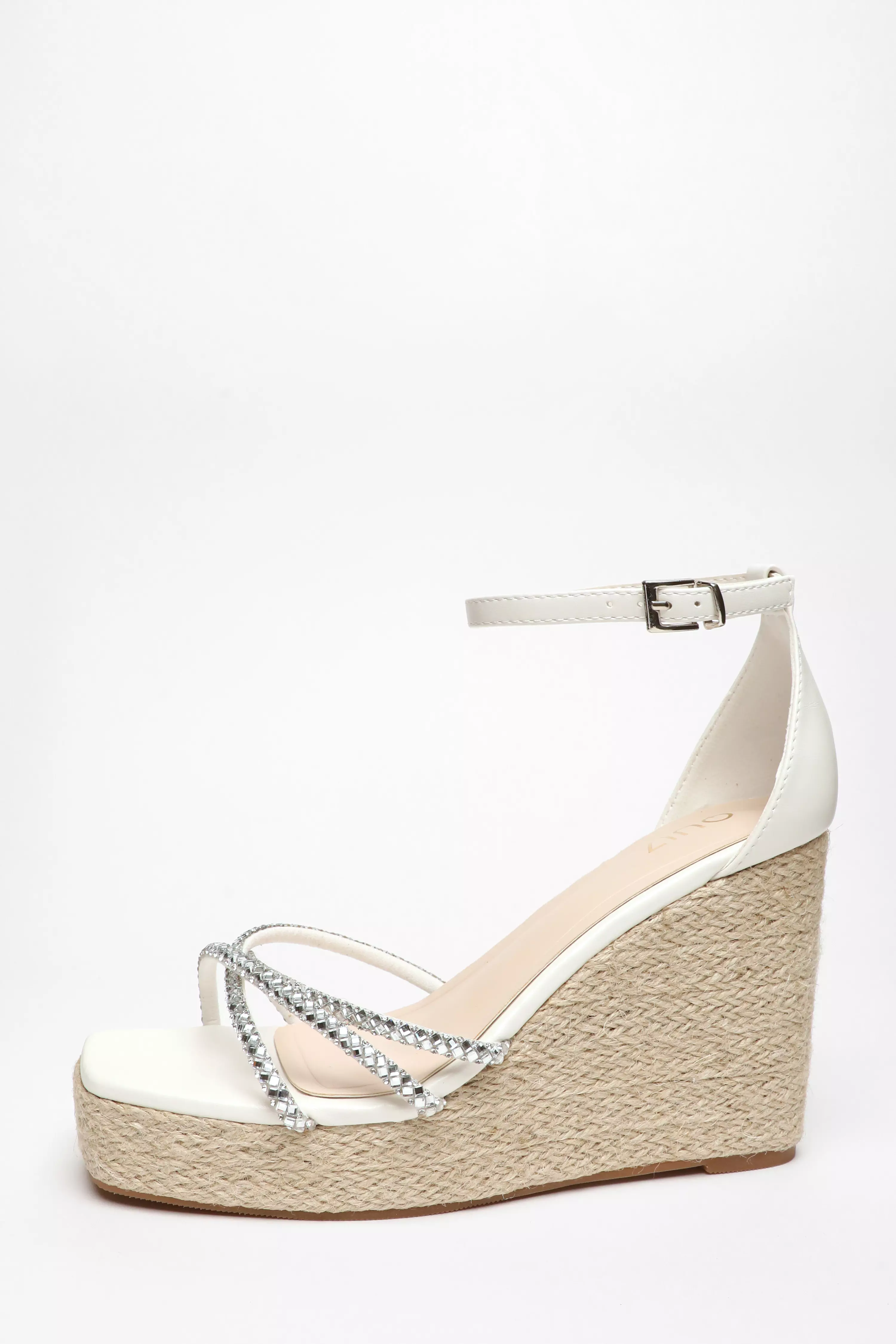 White Diamante Cross Strap Woven Wedges