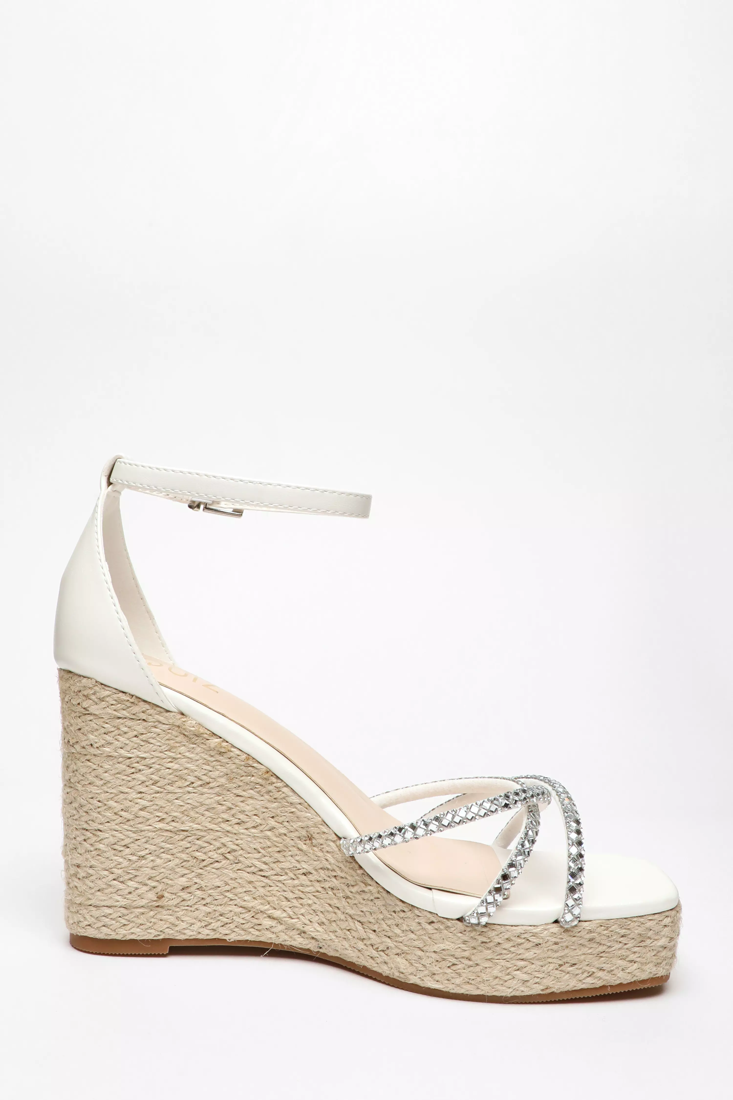 White Diamante Cross Strap Woven Wedges