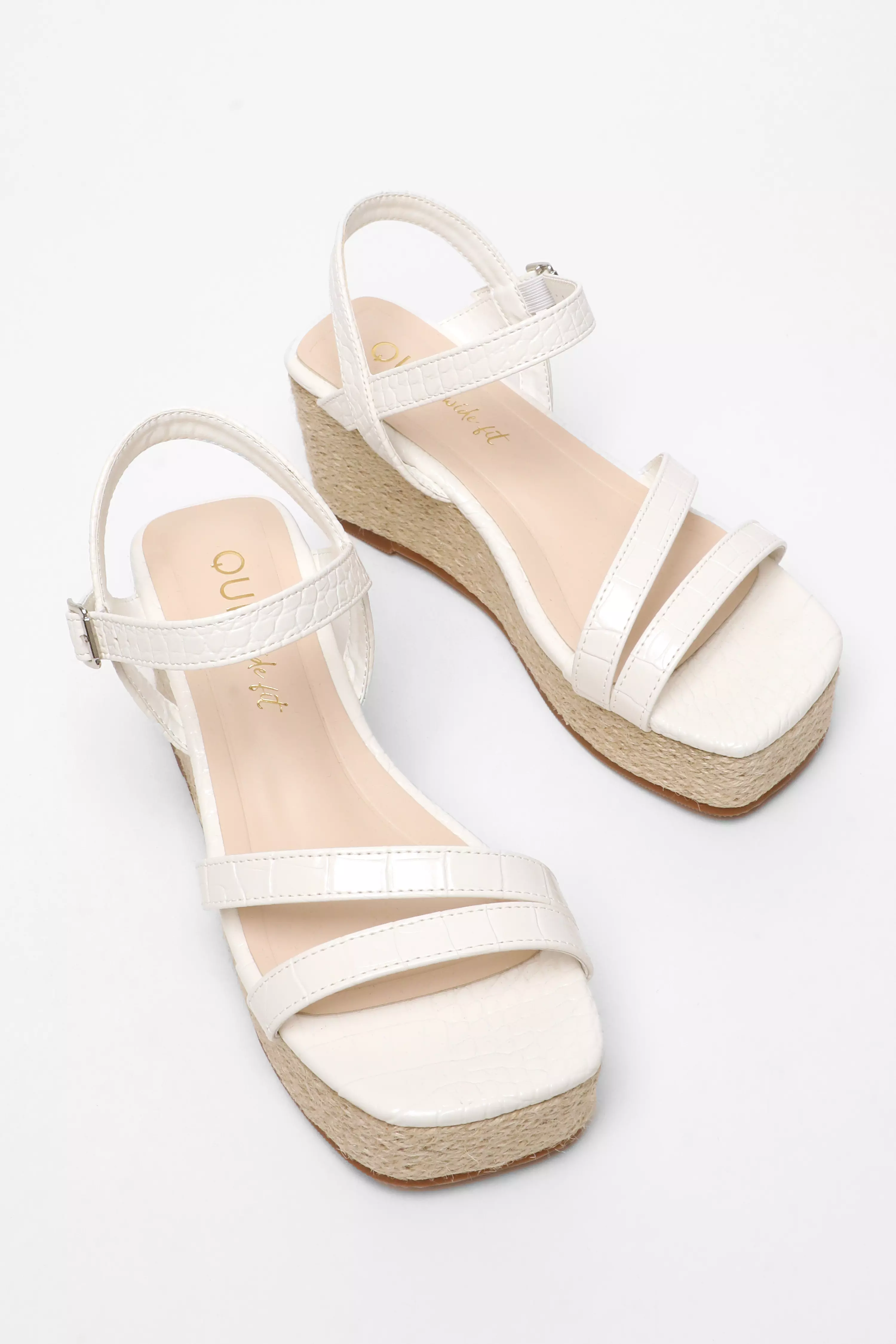 Wide Fit White Faux Leather Croc Wedges