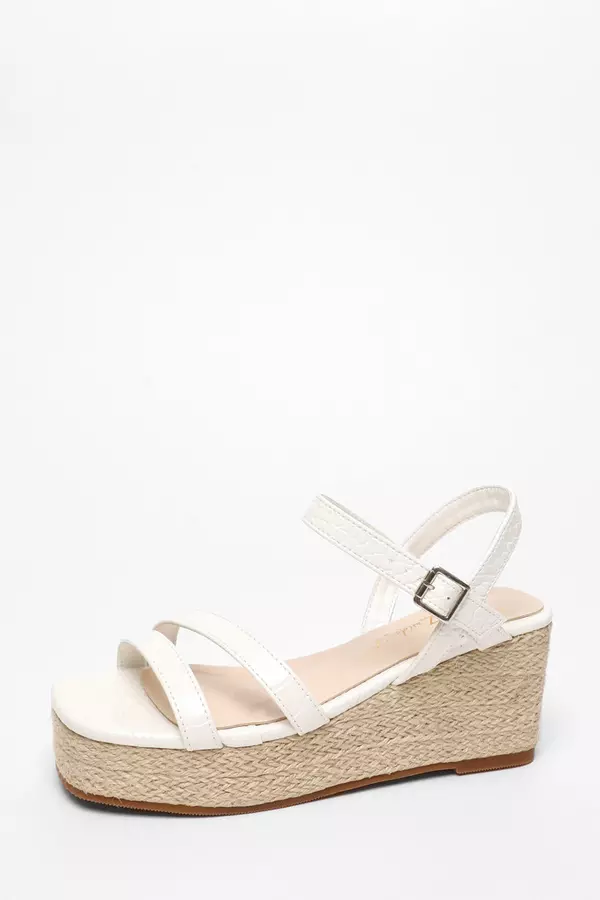 Wide Fit White Faux Leather Croc Wedges