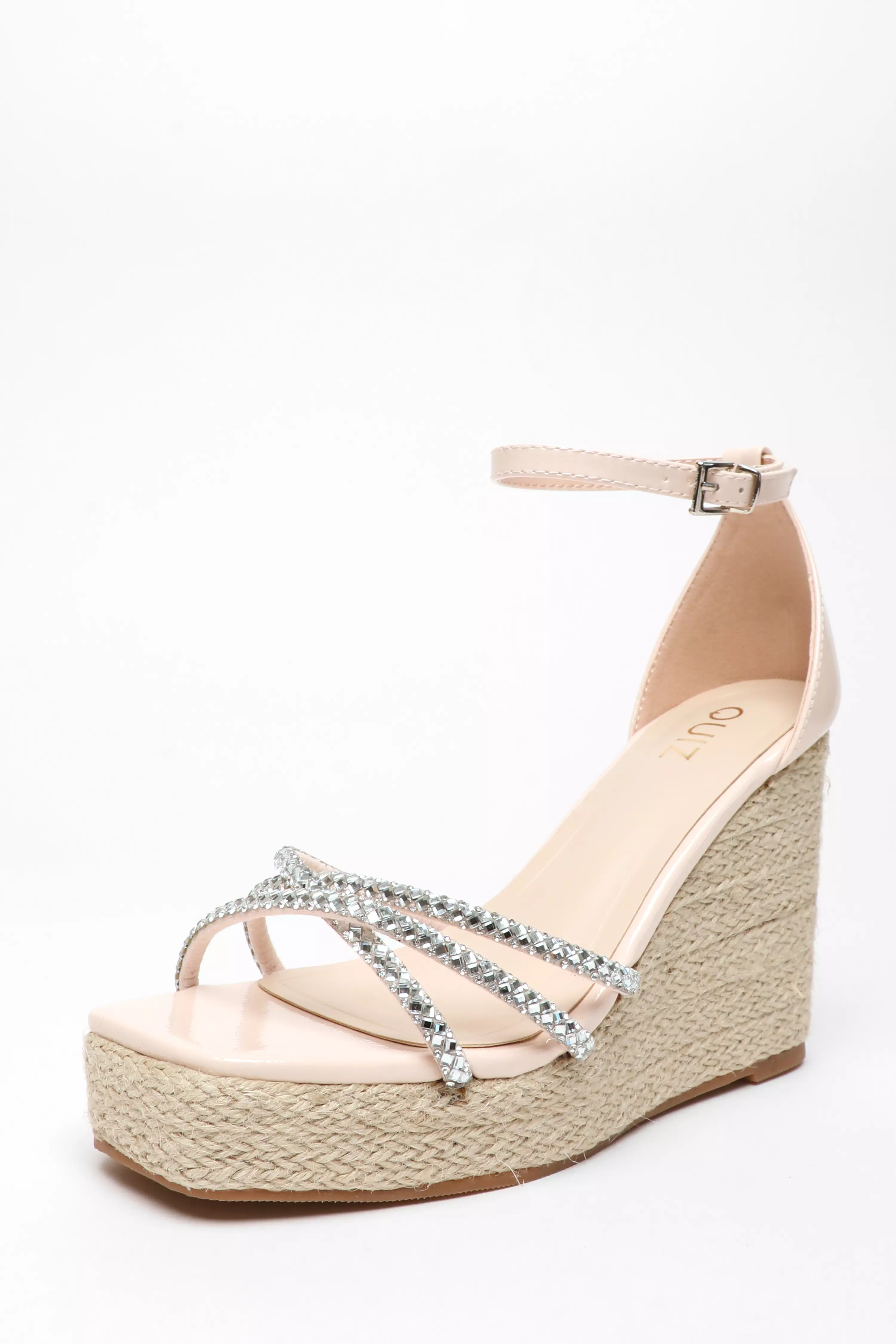 Light Pink Diamante Cross Strap Woven Wedges