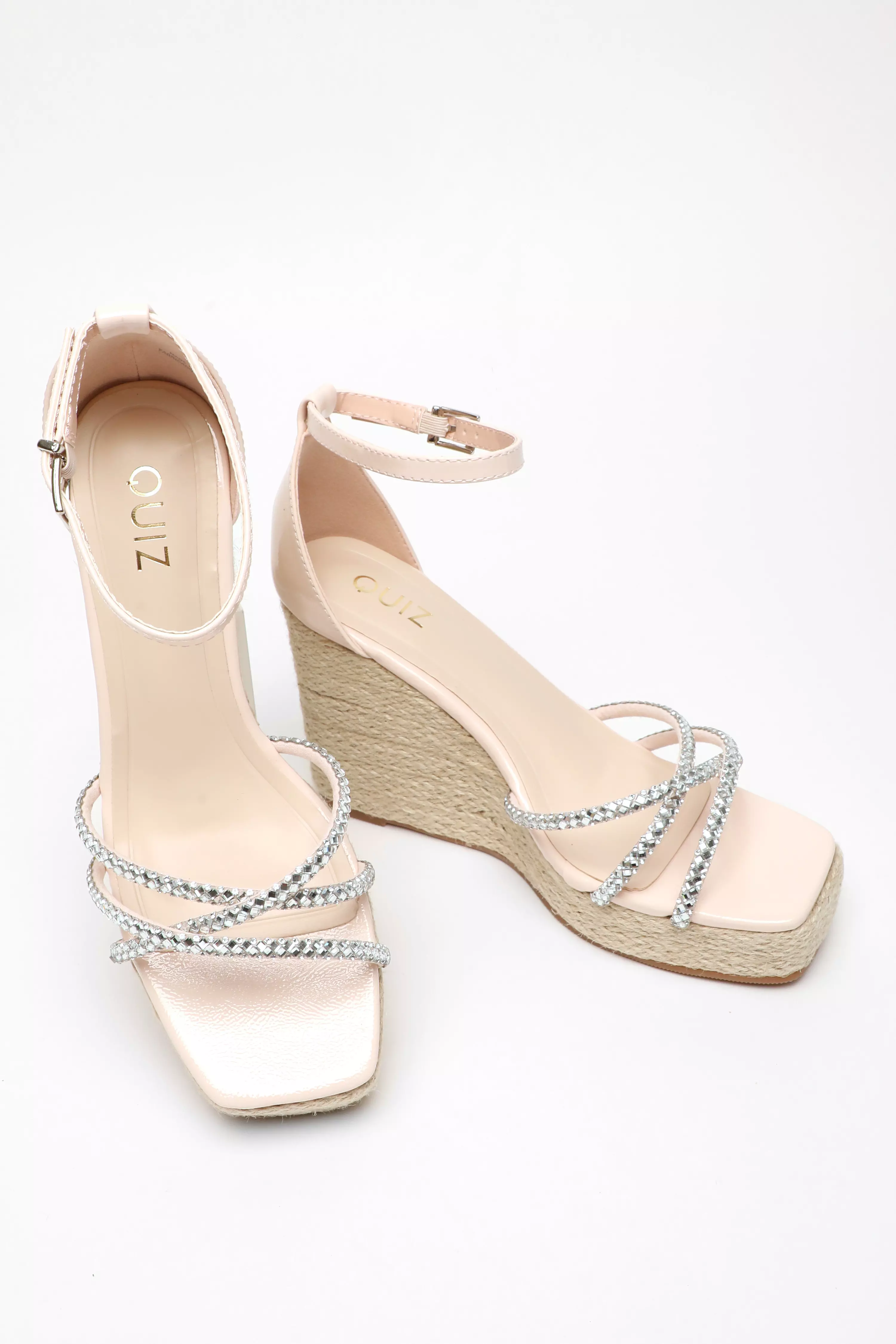 Light Pink Diamante Cross Strap Woven Wedges