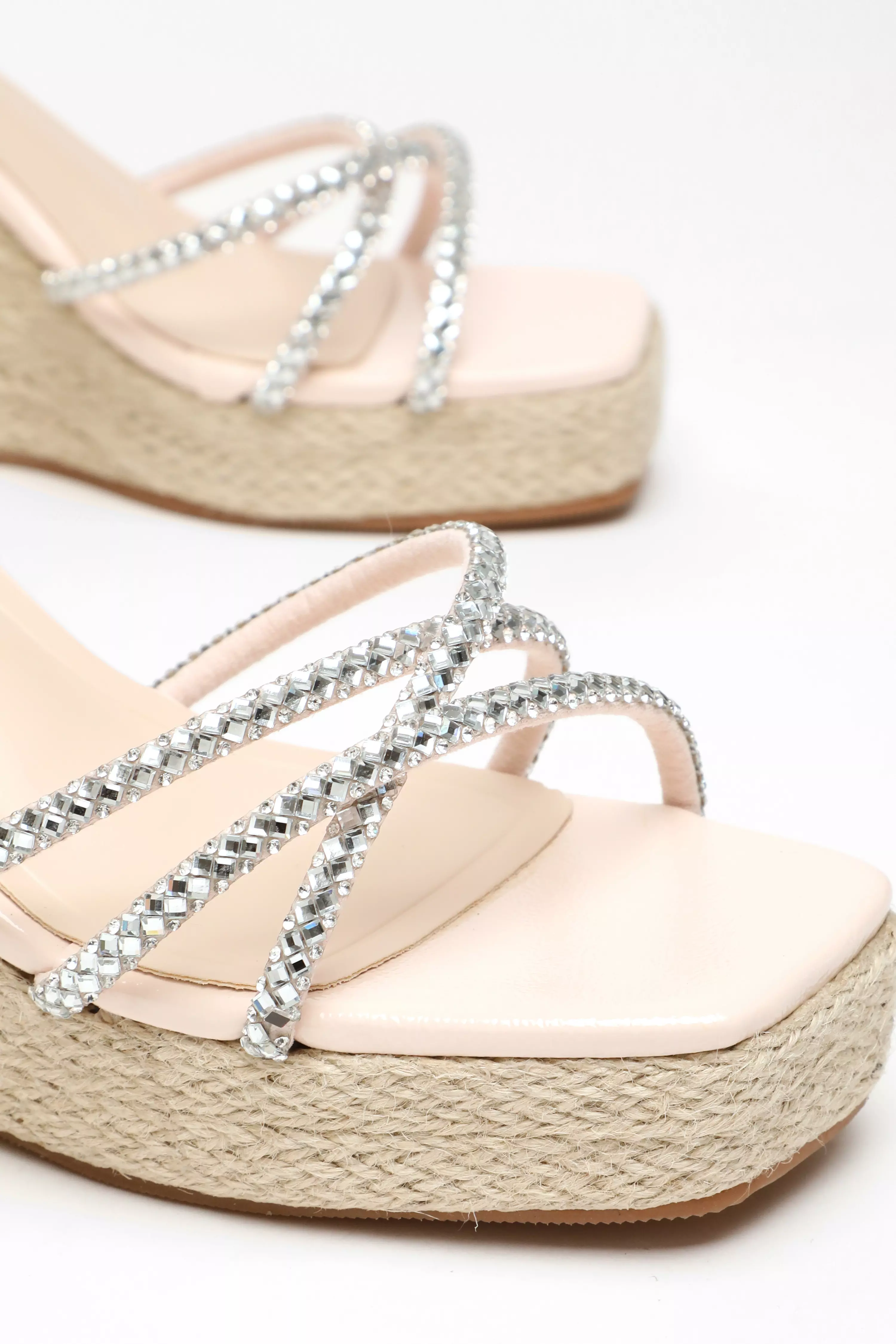 Light Pink Diamante Cross Strap Woven Wedges