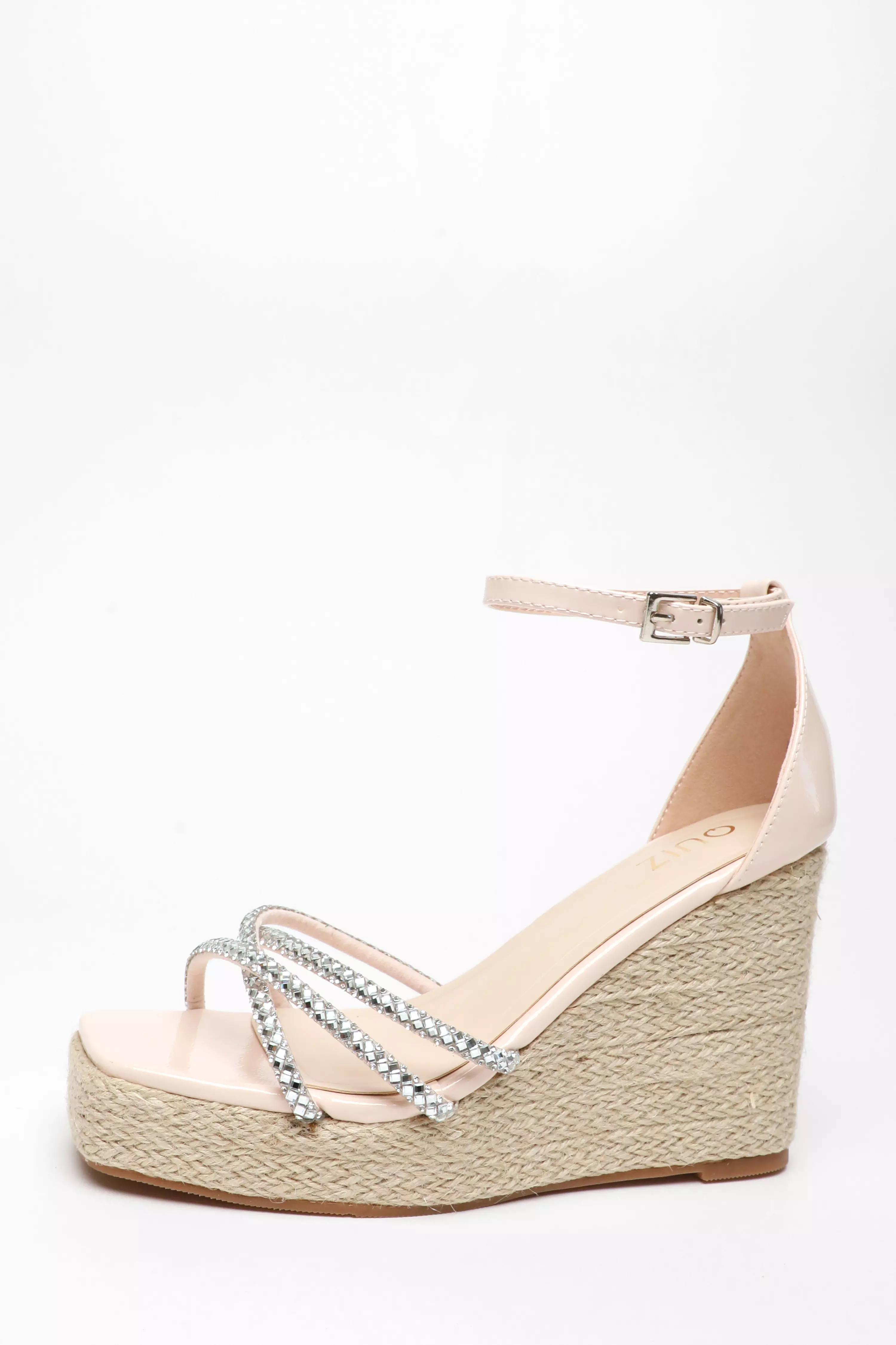 Light Pink Diamante Cross Strap Woven Wedges