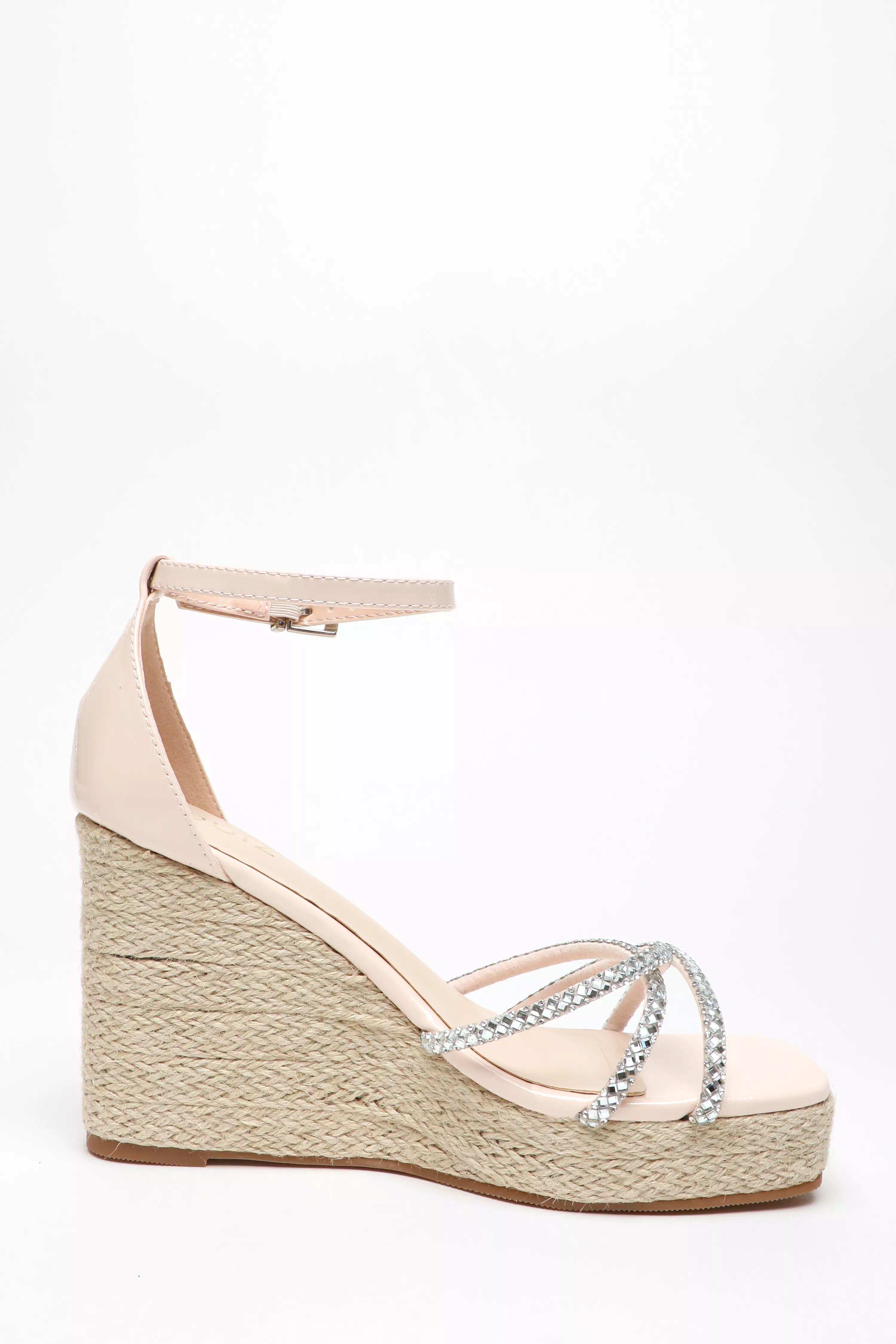 Light Pink Diamante Cross Strap Woven Wedges