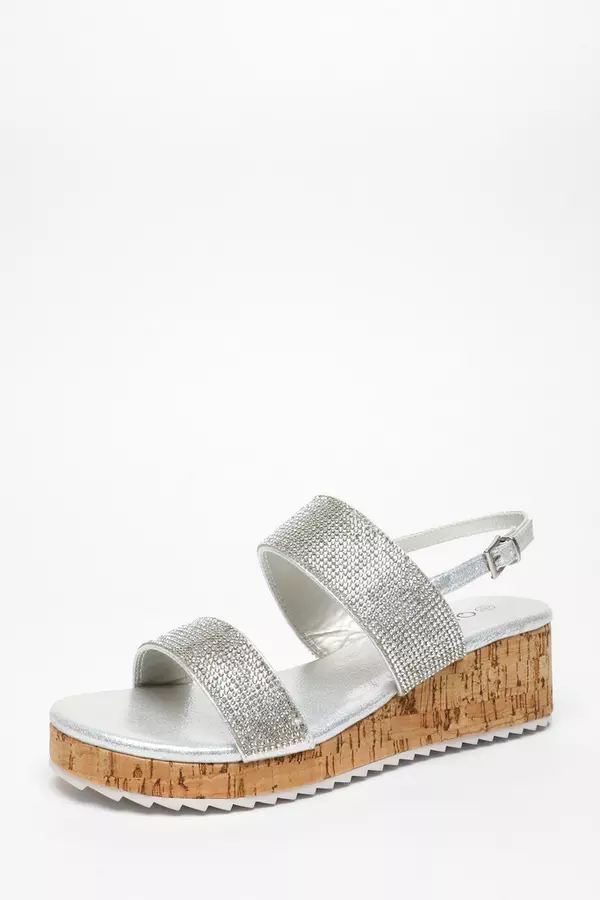 Silver Diamante Double Strap Low Wedges