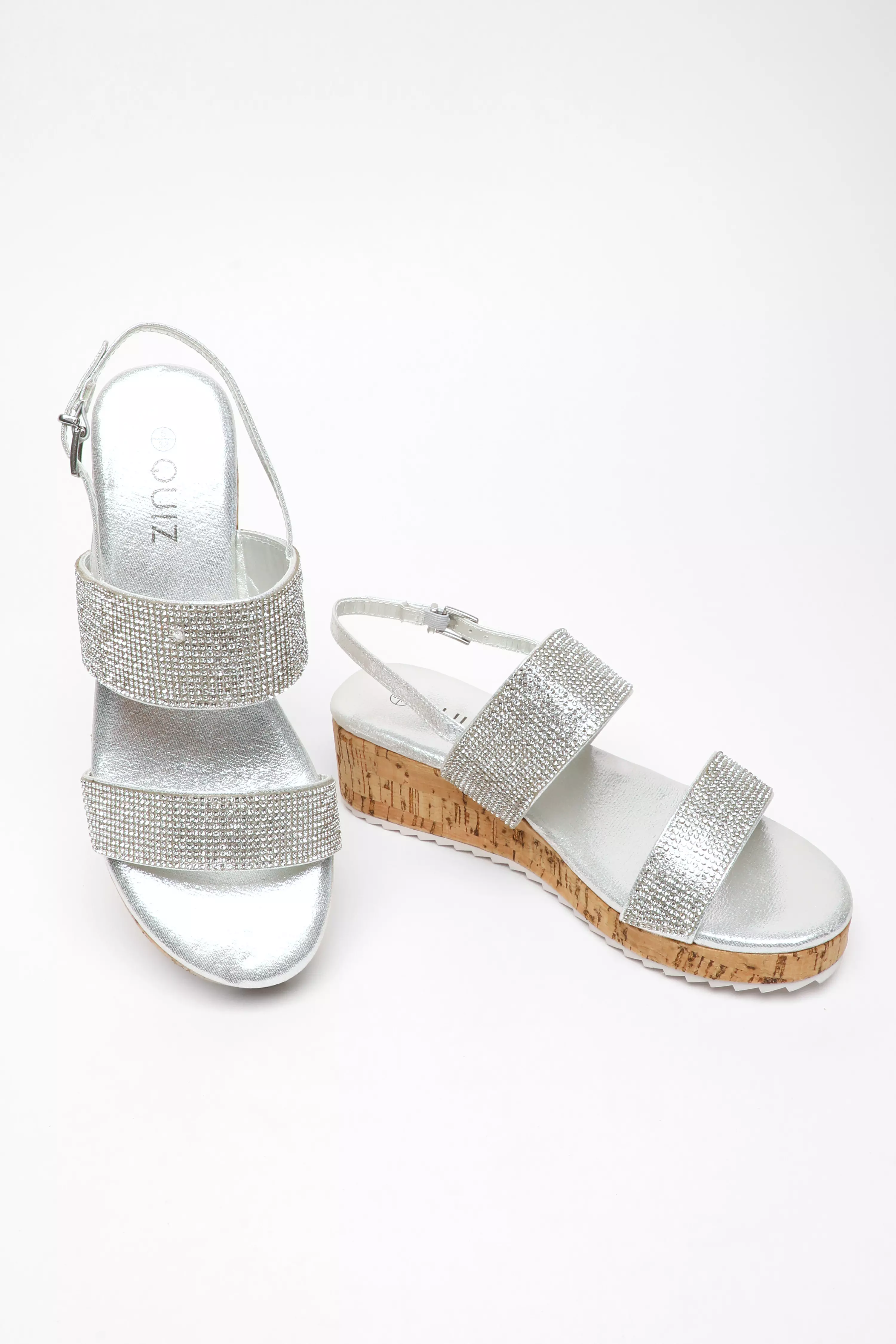 Silver Diamante Double Strap Low Wedges