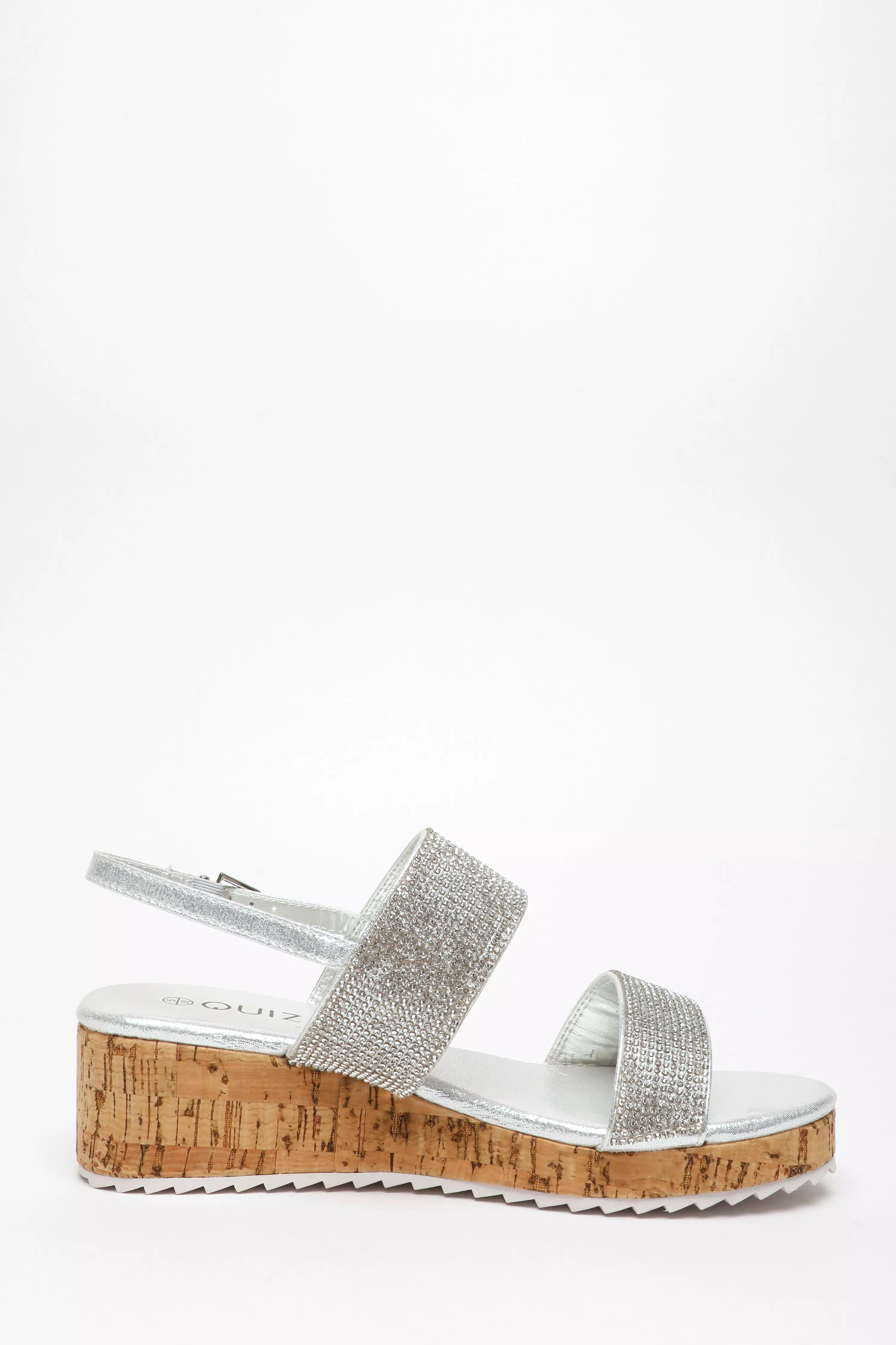 Silver Diamante Double Strap Low Wedges