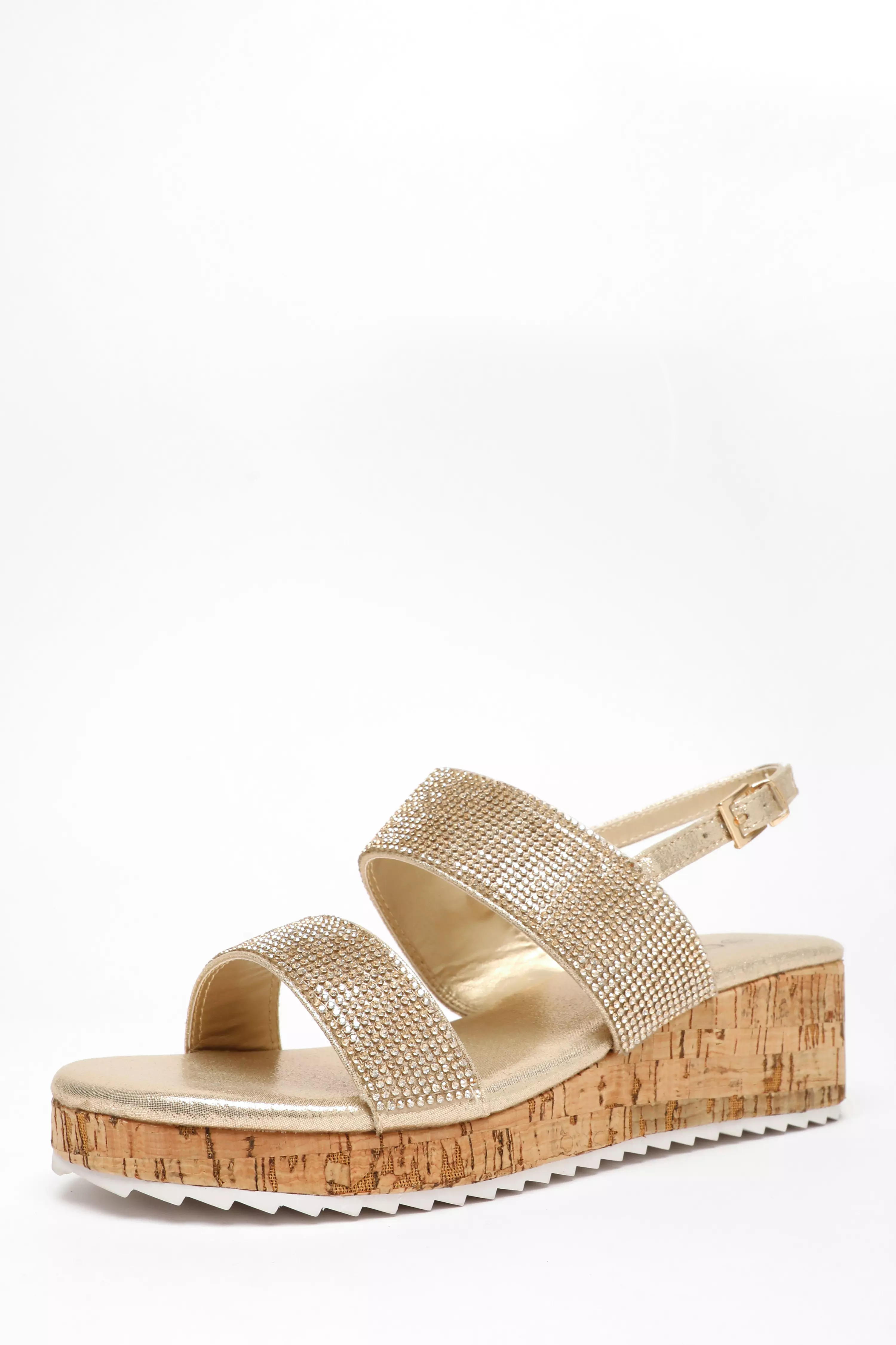 Gold Diamante Double Strap Low Wedges