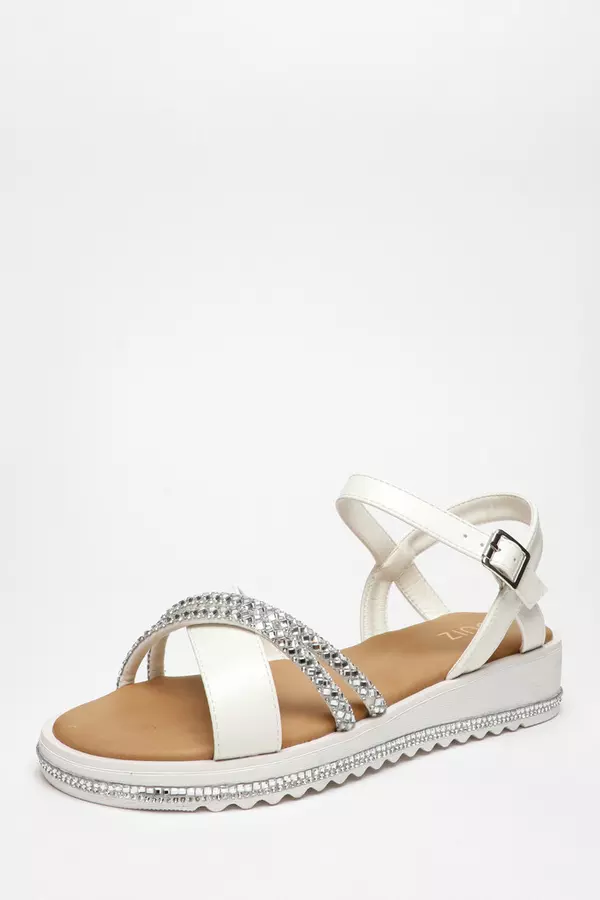 White Faux Leather Diamante Cross Strap Sandals