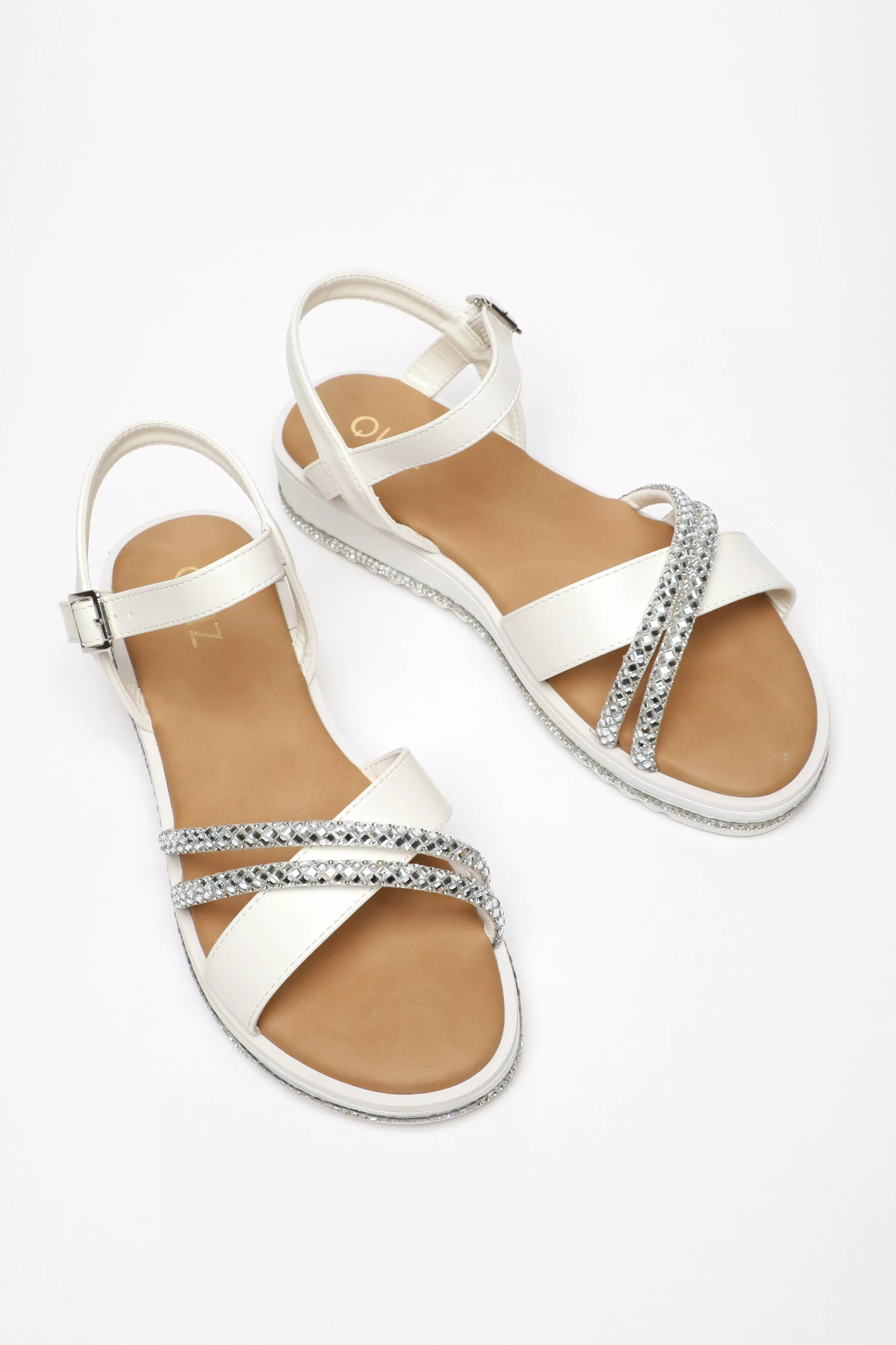 White Faux Leather Diamante Cross Strap Sandals