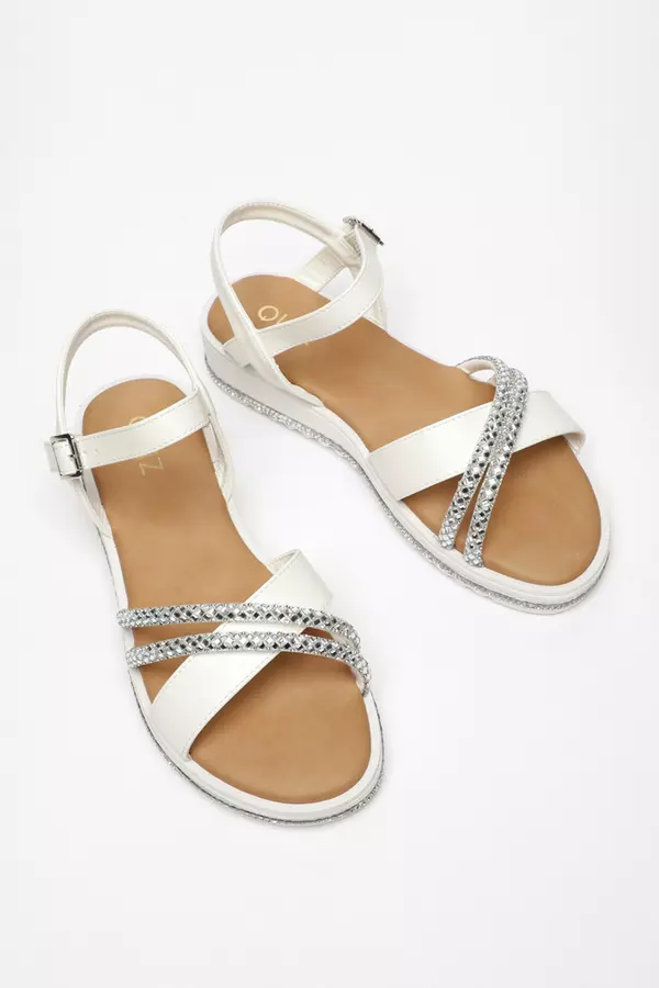 White Faux Leather Diamante Cross Strap Sandals