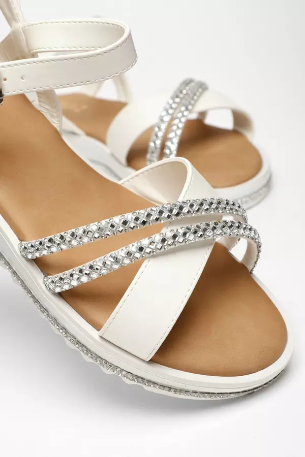 White Faux Leather Diamante Cross Strap Sandals