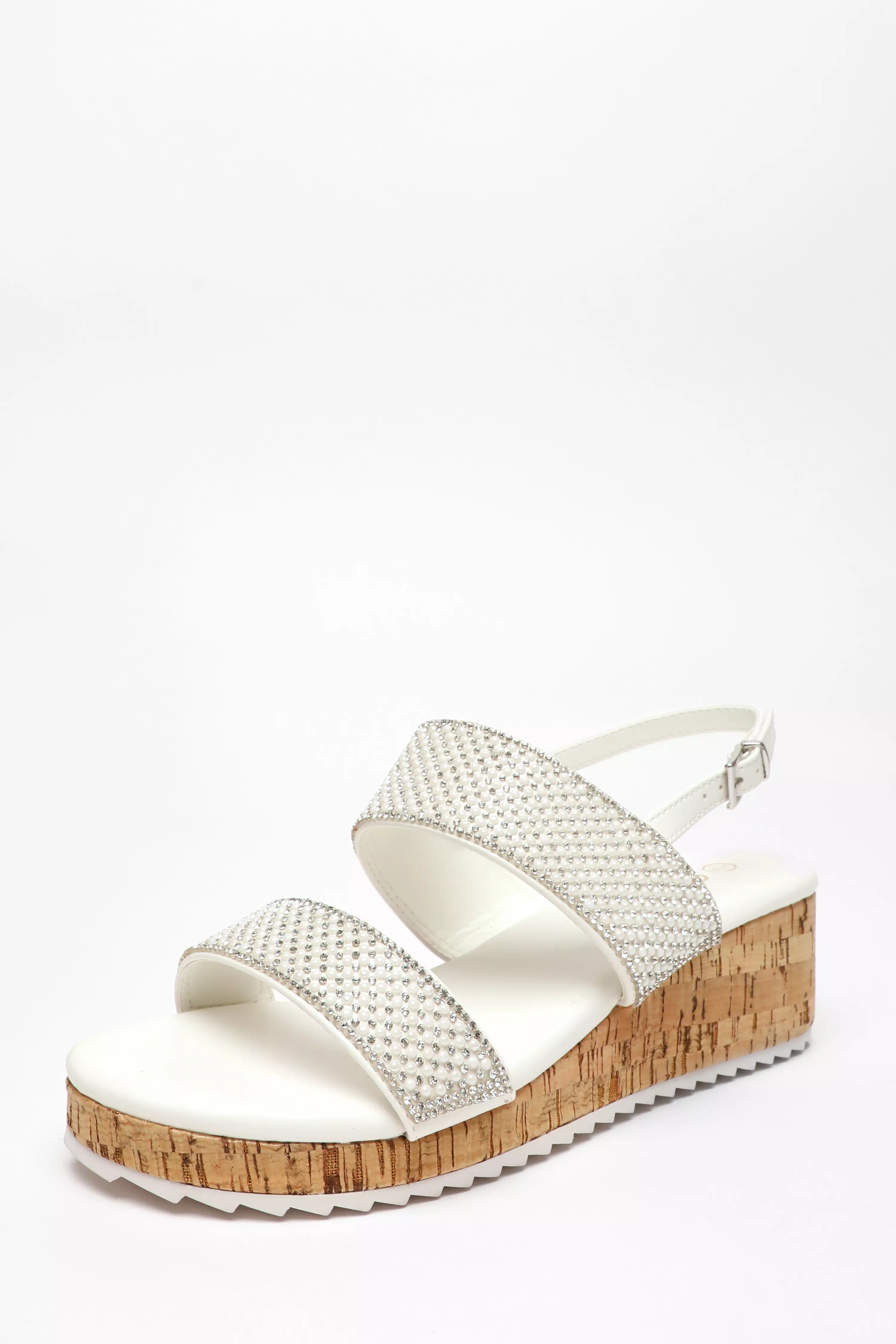 White Diamante Double Strap Low Wedges