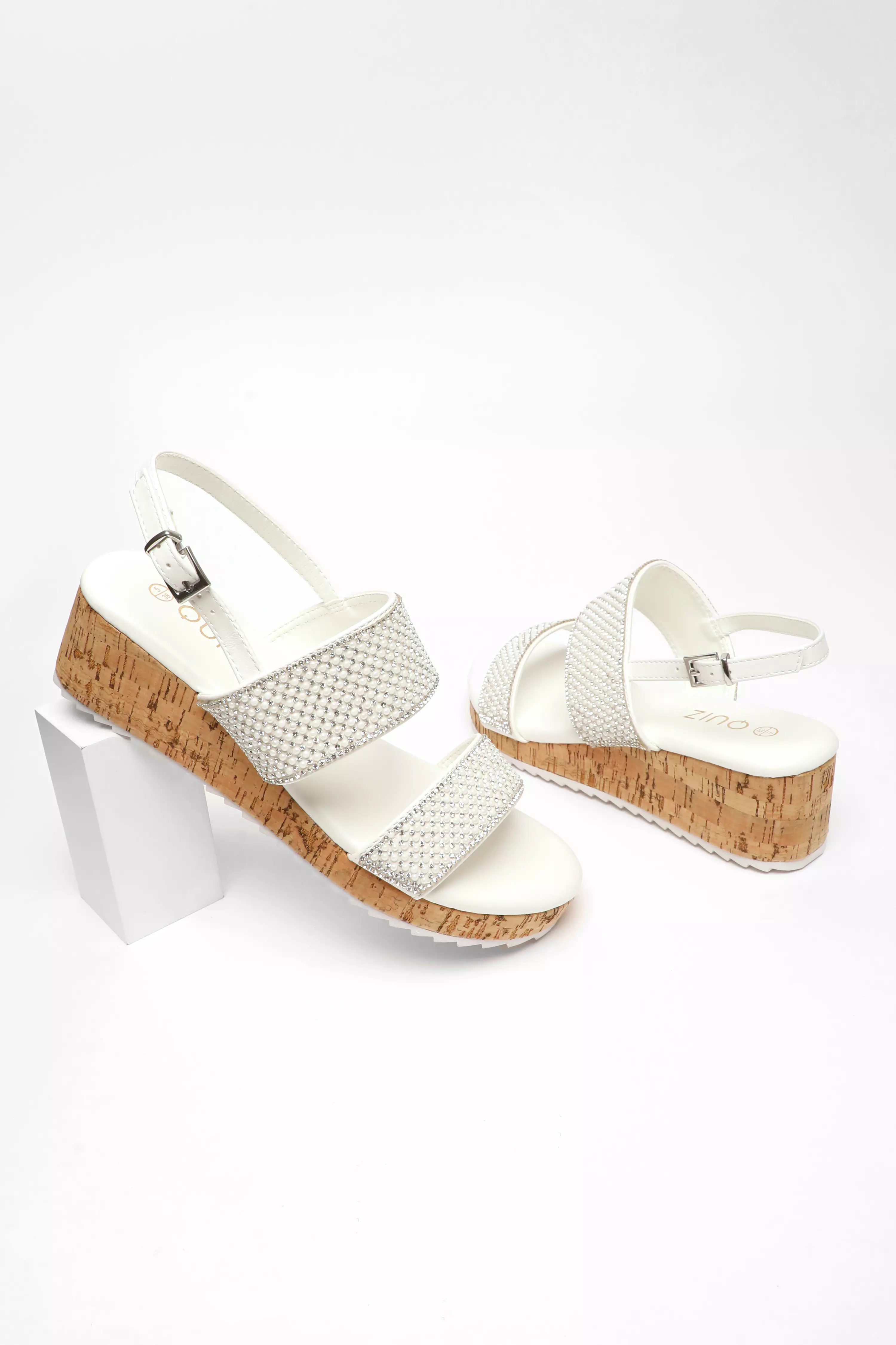 White Diamante Double Strap Low Wedges