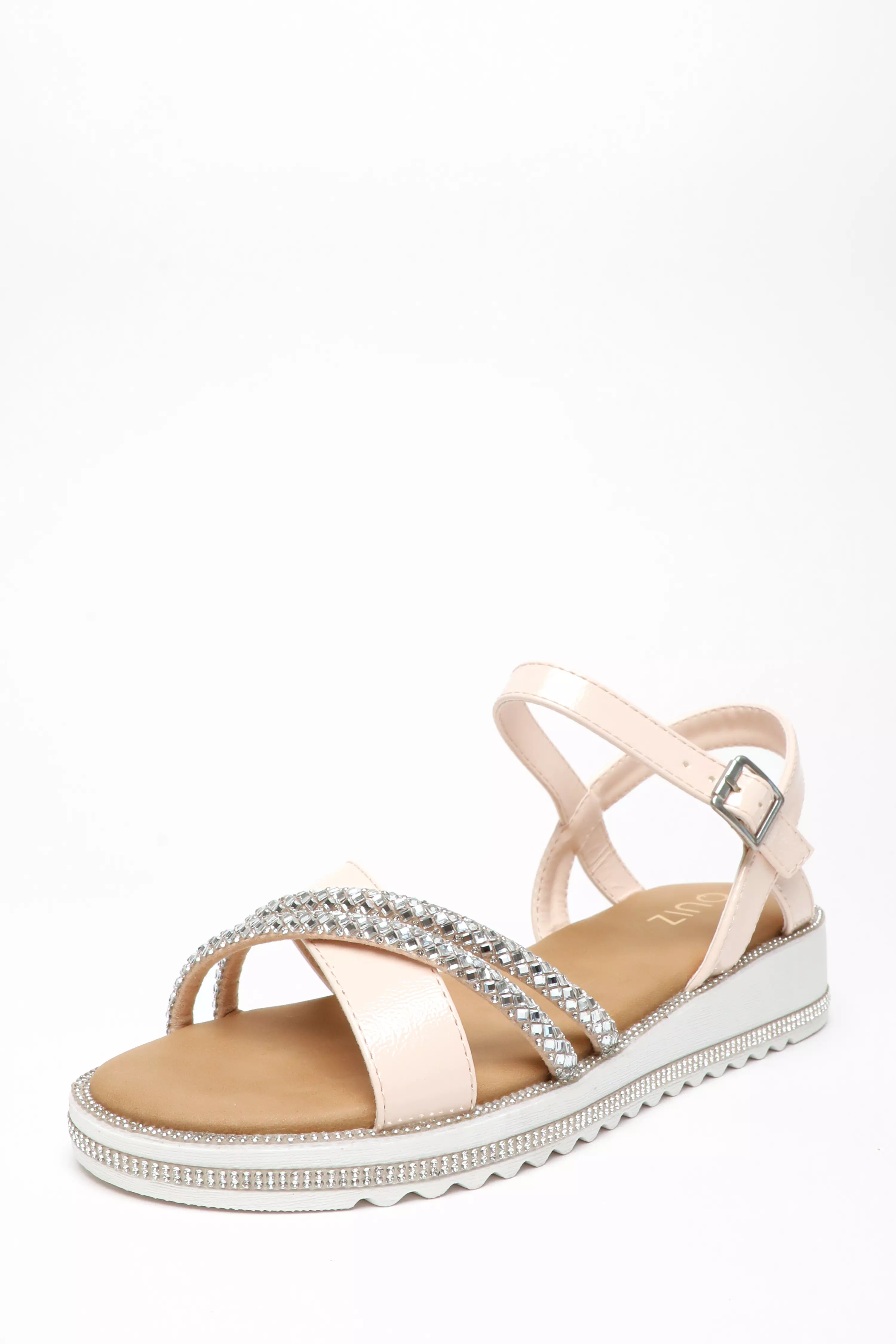 Pink Faux Leather Diamante Cross Strap Sandals