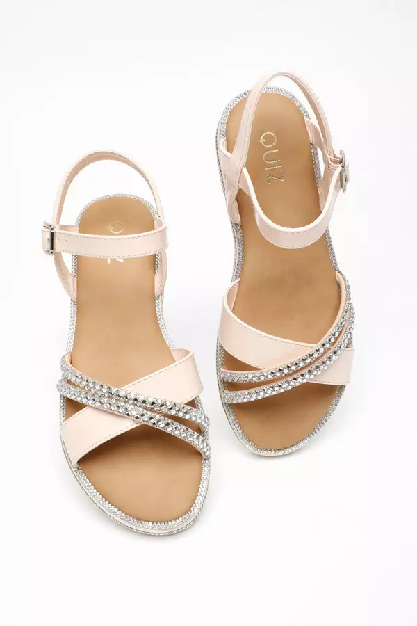 Pink Faux Leather Diamante Cross Strap Sandals