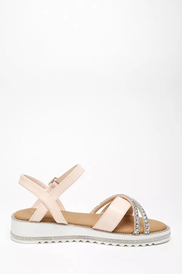 Pink Faux Leather Diamante Cross Strap Sandals