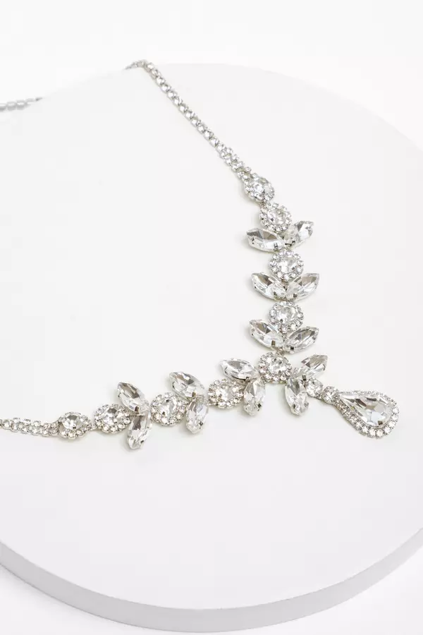Silver Jewel Statement Drop Necklace 