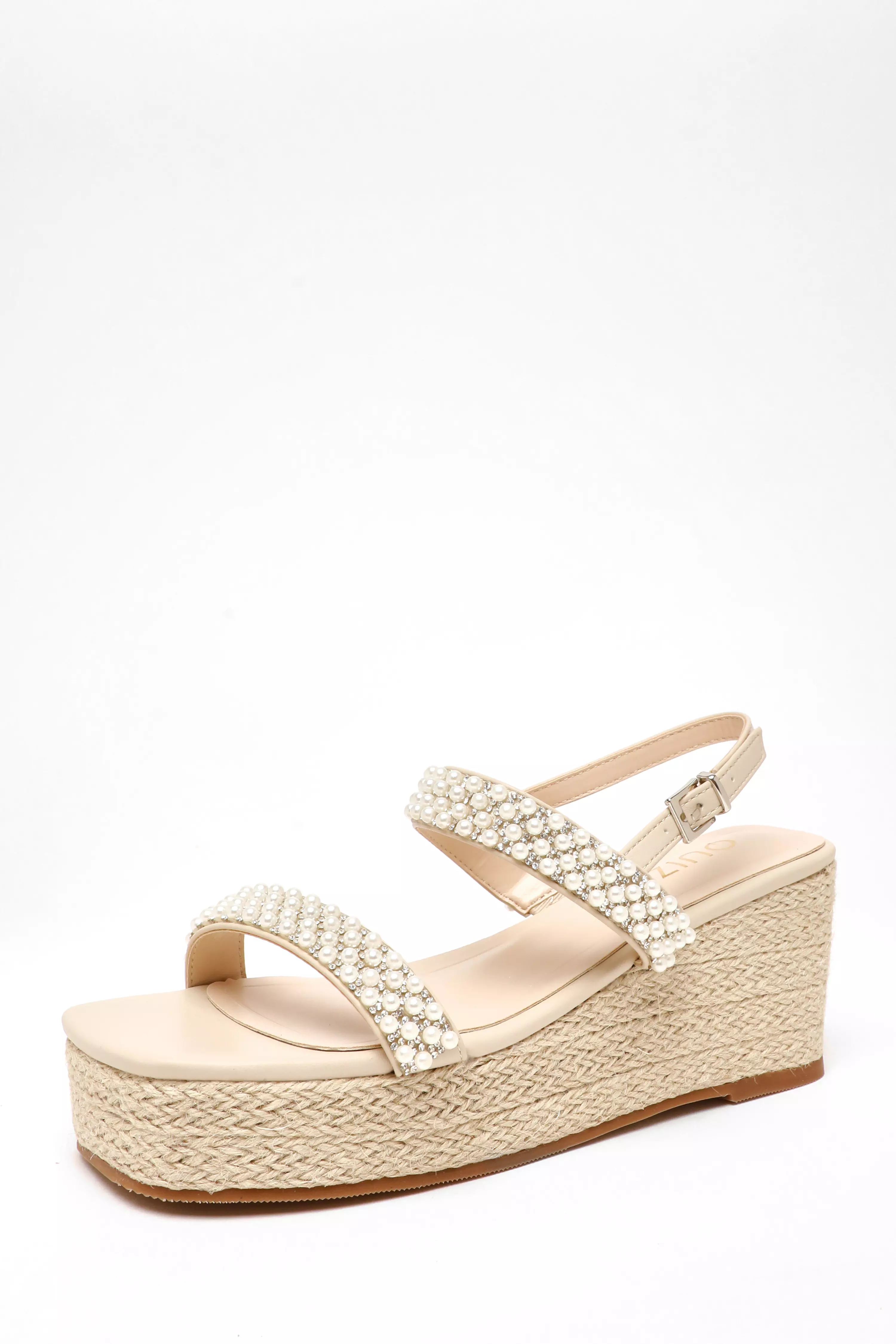 Cream Pearl Strap Woven Wedges