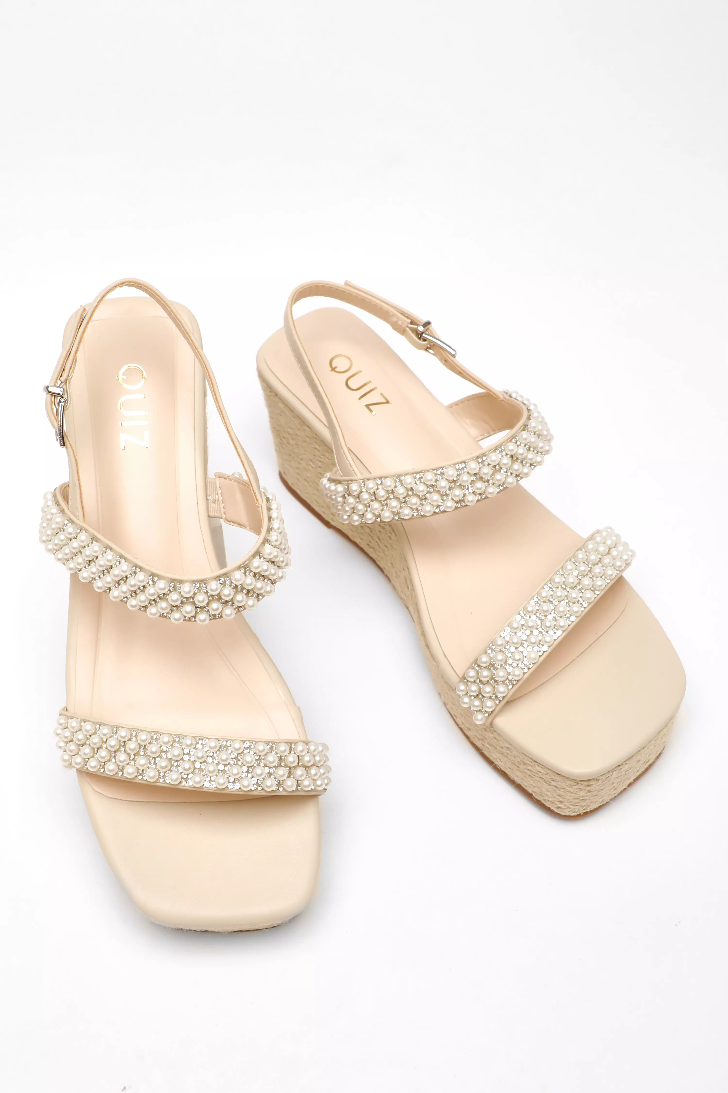 Cream Pearl Strap Woven Wedges