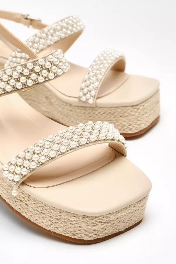 Cream Pearl Strap Woven Wedges