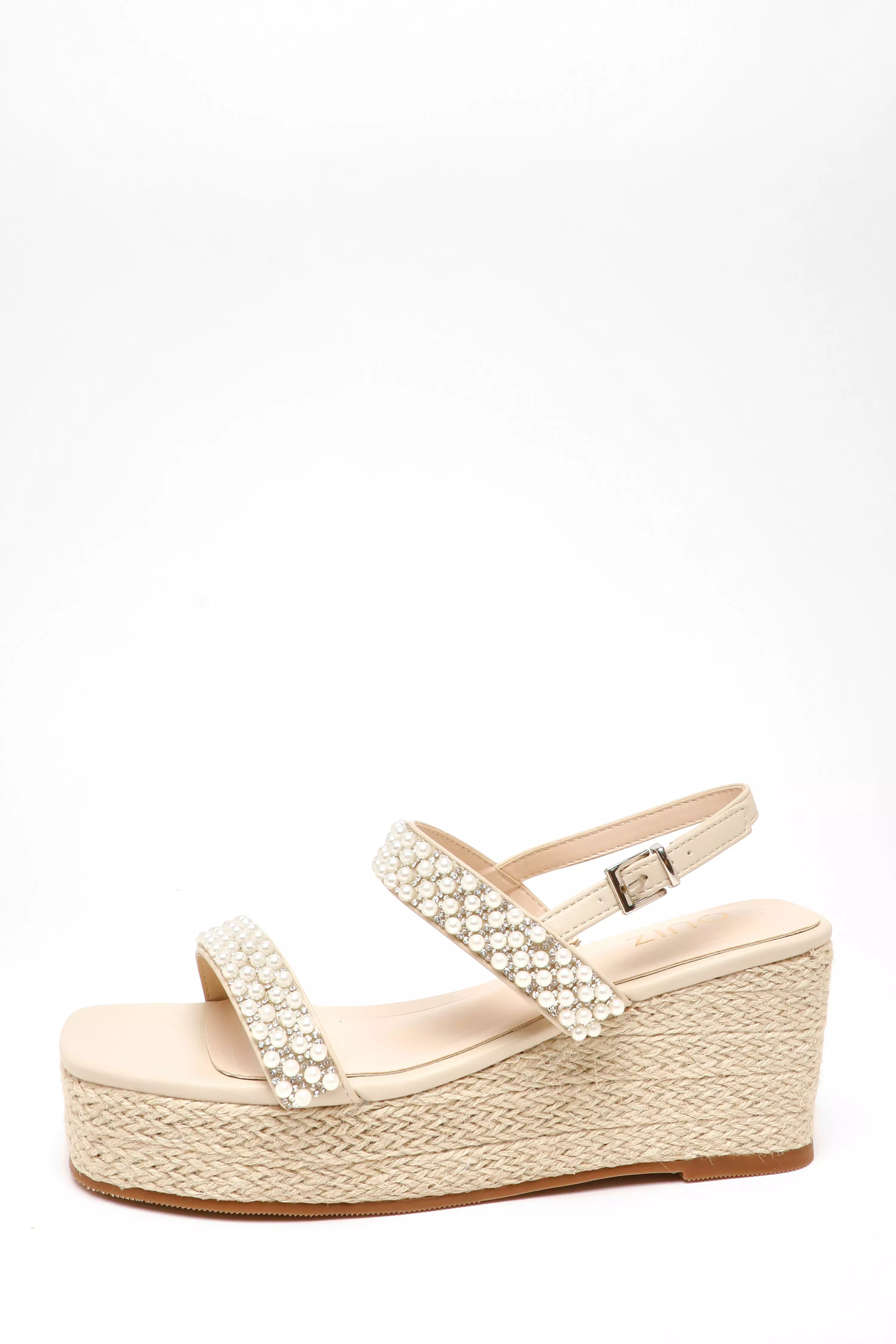 Cream Pearl Strap Woven Wedges