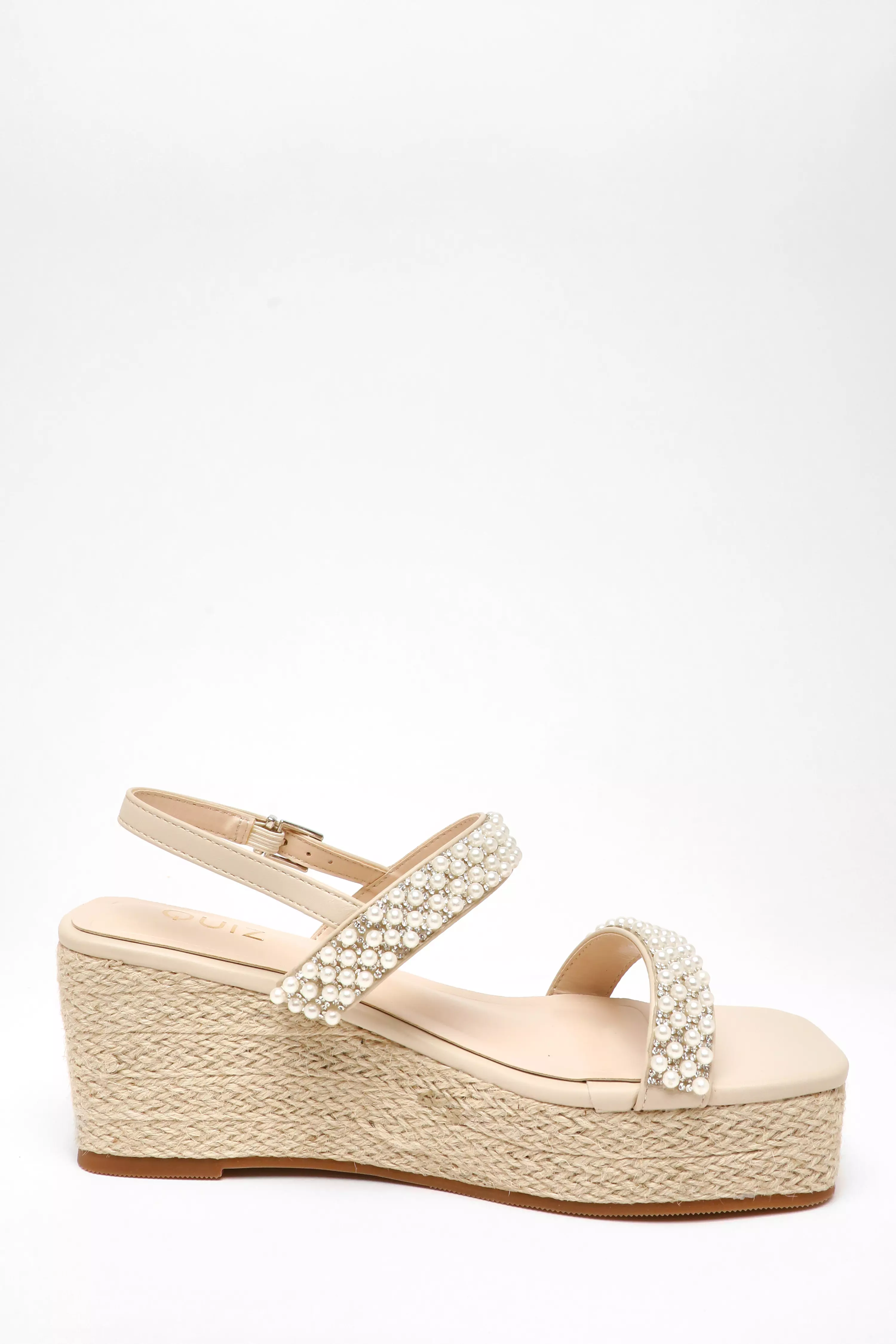 Cream Pearl Strap Woven Wedges