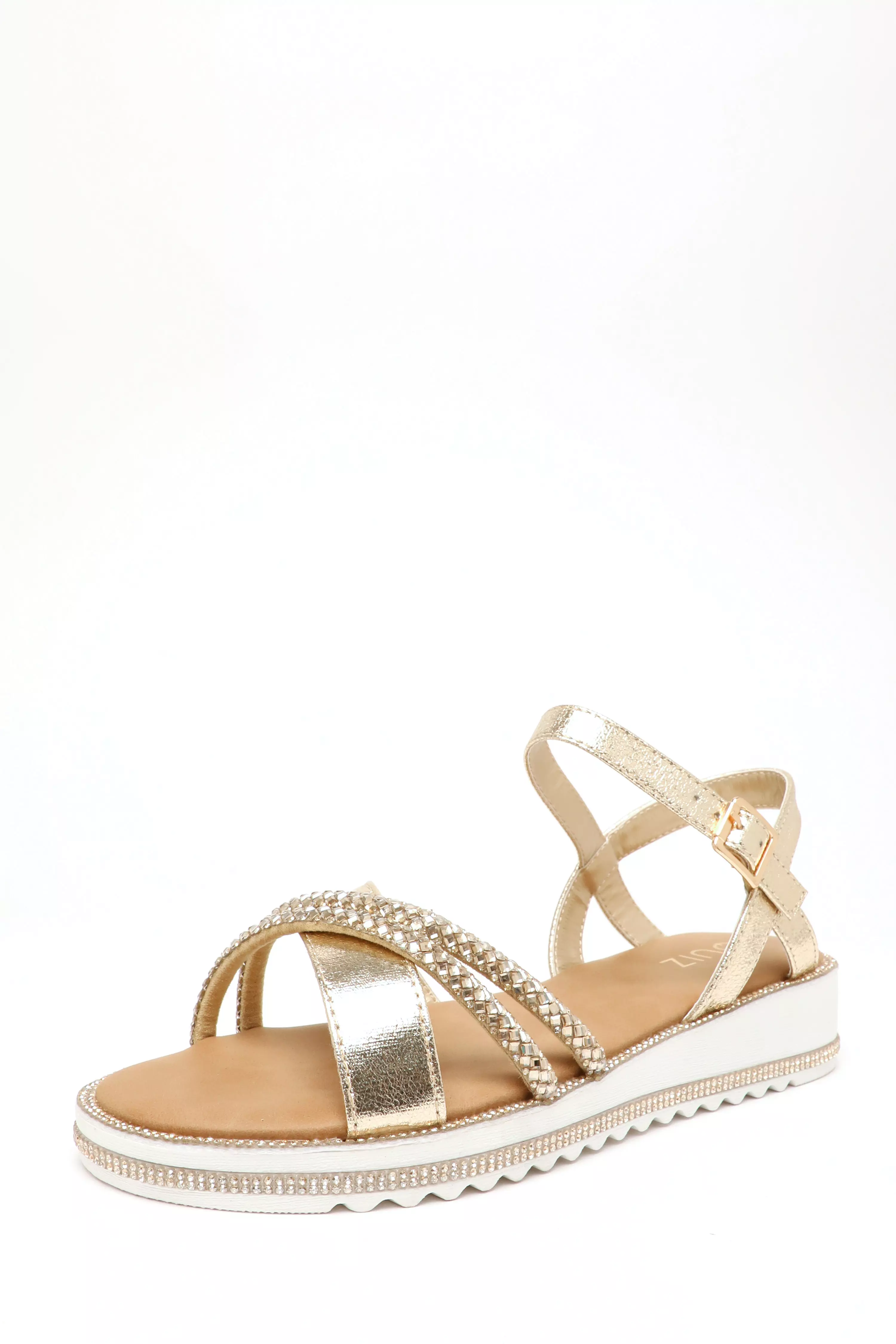 Gold Foil Diamante Cross Strap Sandals