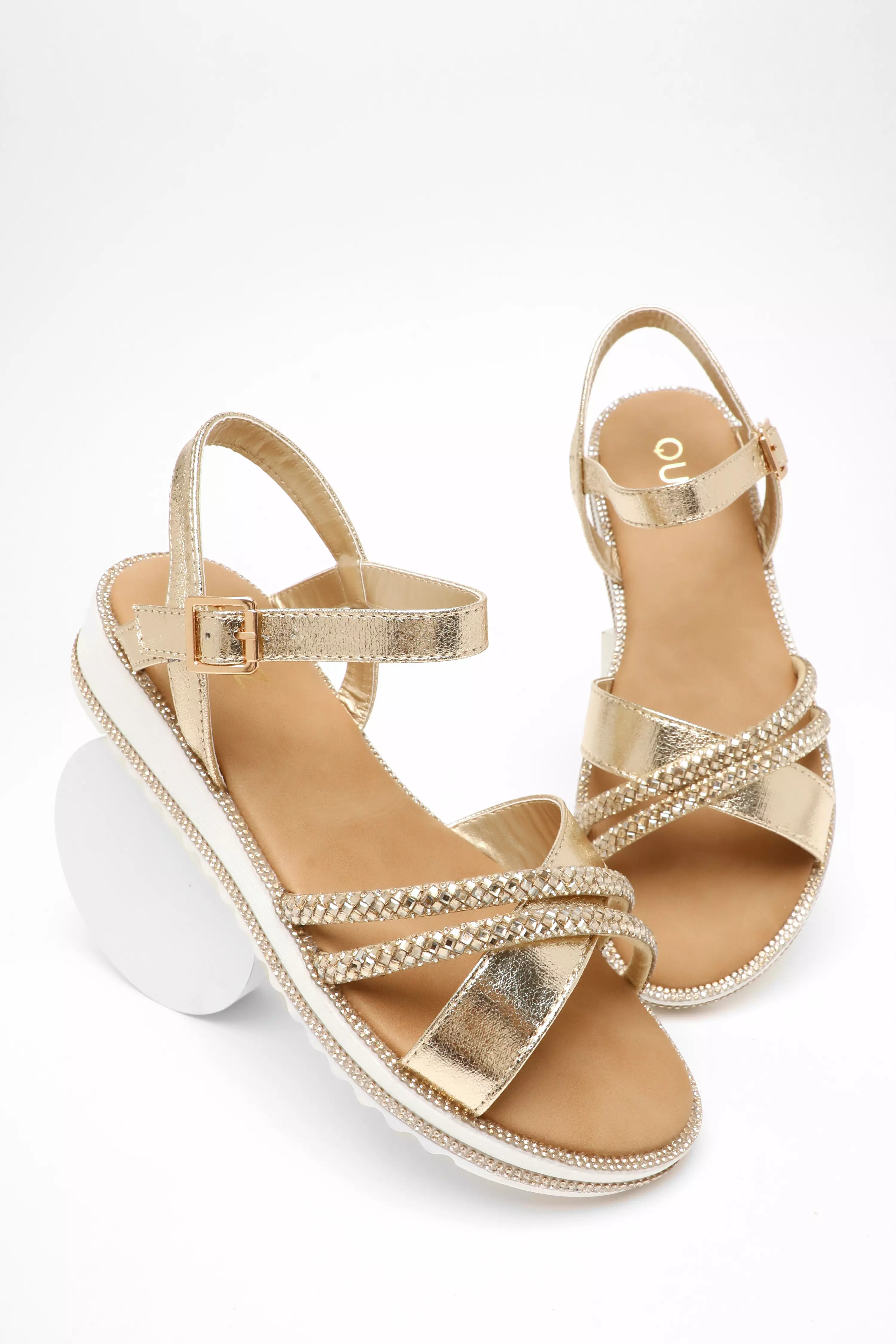 Gold Foil Diamante Cross Strap Sandals