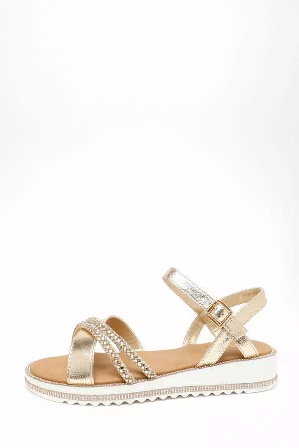 Gold Foil Diamante Cross Strap Sandals