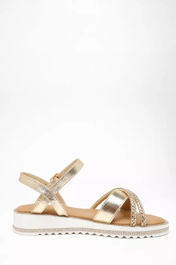 Gold Foil Diamante Cross Strap Sandals